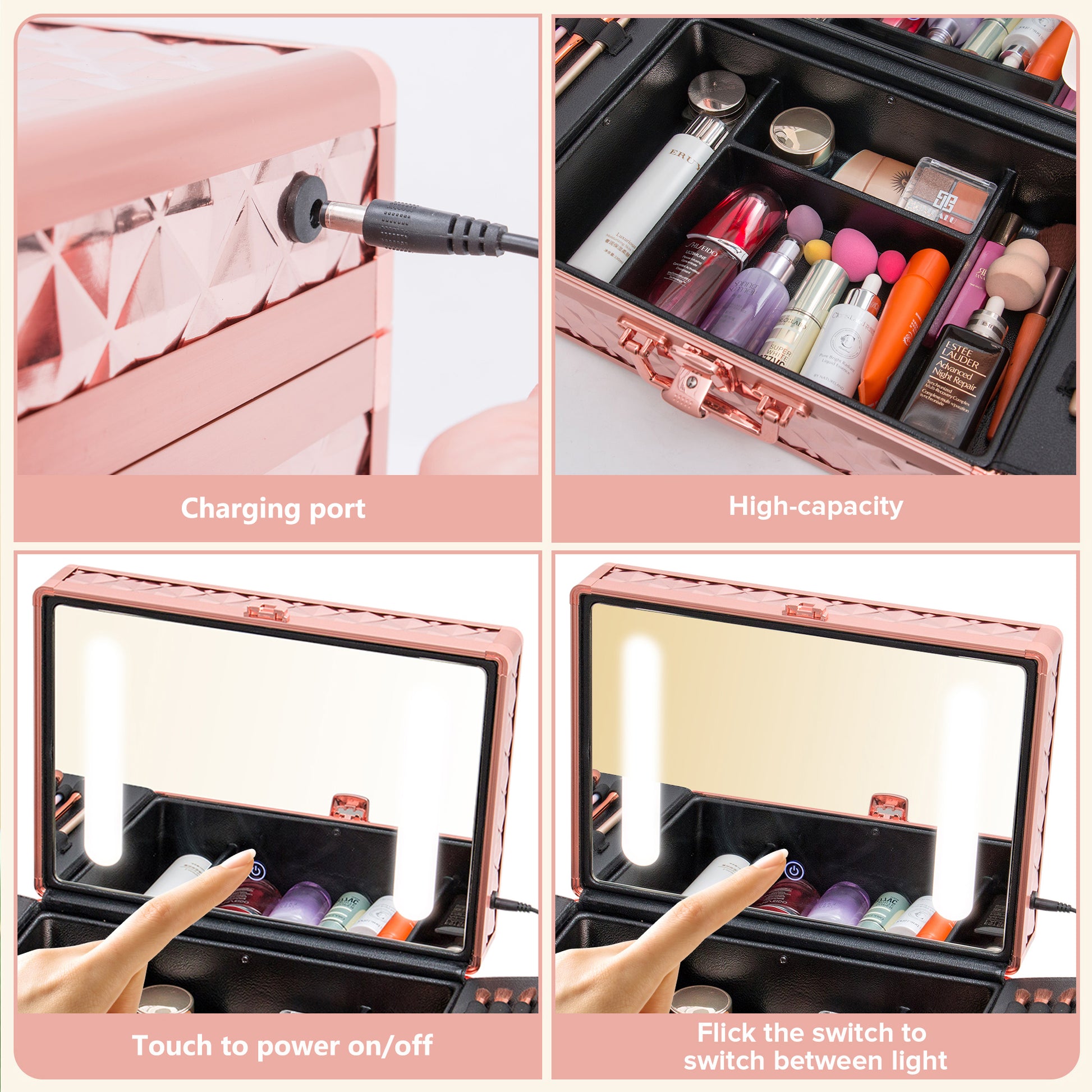 Portable Makeup Case With Led Mirror Travel Makeup Bag Cosmetic Organizer Box With Locks, Brush Holder, Dividers, Rechargeable, Rose Gold Rose Gold Aluminium Alloy