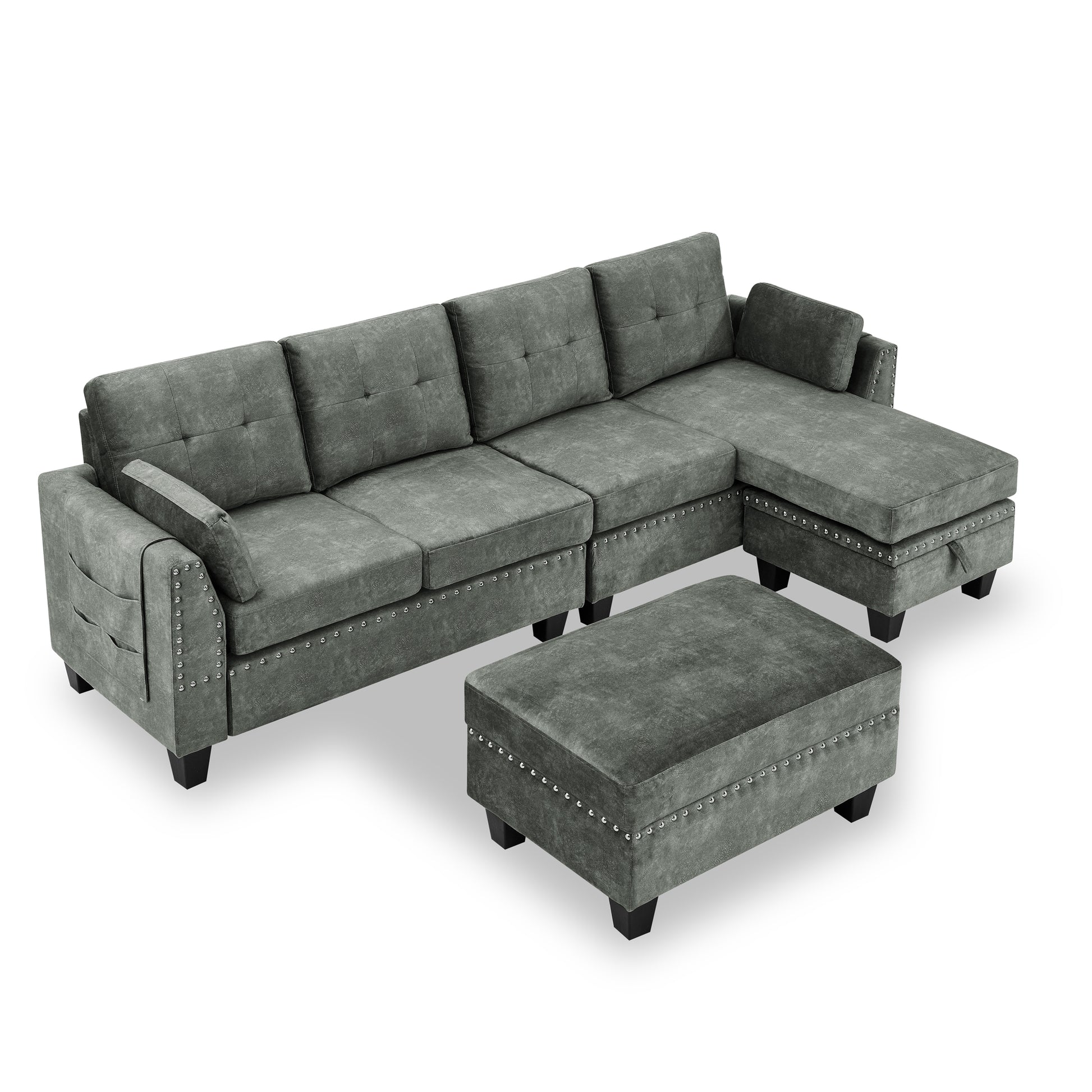 Sectional 3 Seaters Sofa ,Double Sided Multi Functional Footstool, Storage Matnon Slip Leg, Two Pillows, Velvet, Light Grey Light Grey Velvet 3 Seat