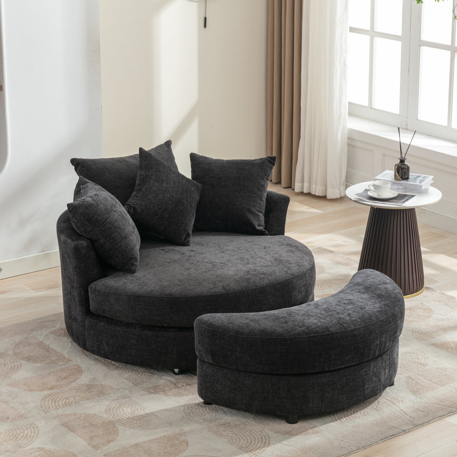 Orisfur. 360 Swivel Accent Barrel Chair With Storage Ottoman & 4 Pillows, Modern Chenille Leisure Chair Round Accent For Living Room, Gray Gray Foam Chenille