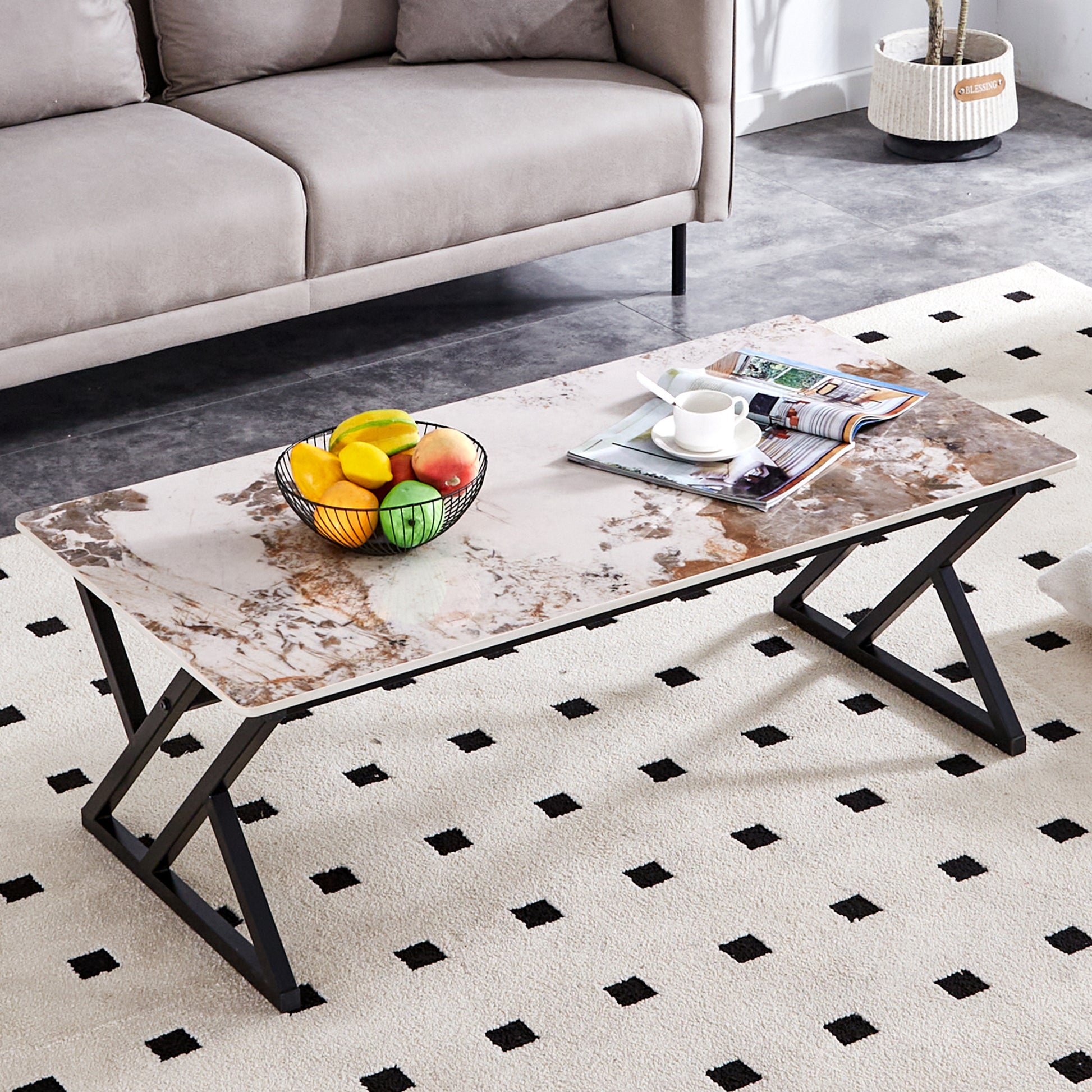 A Modern Minimalist Style Marble Patterned Coffee Table With Black Metal Legs. Computer Desk. Game Table. Tea Table. Ct Xx White Black Sintered Stone