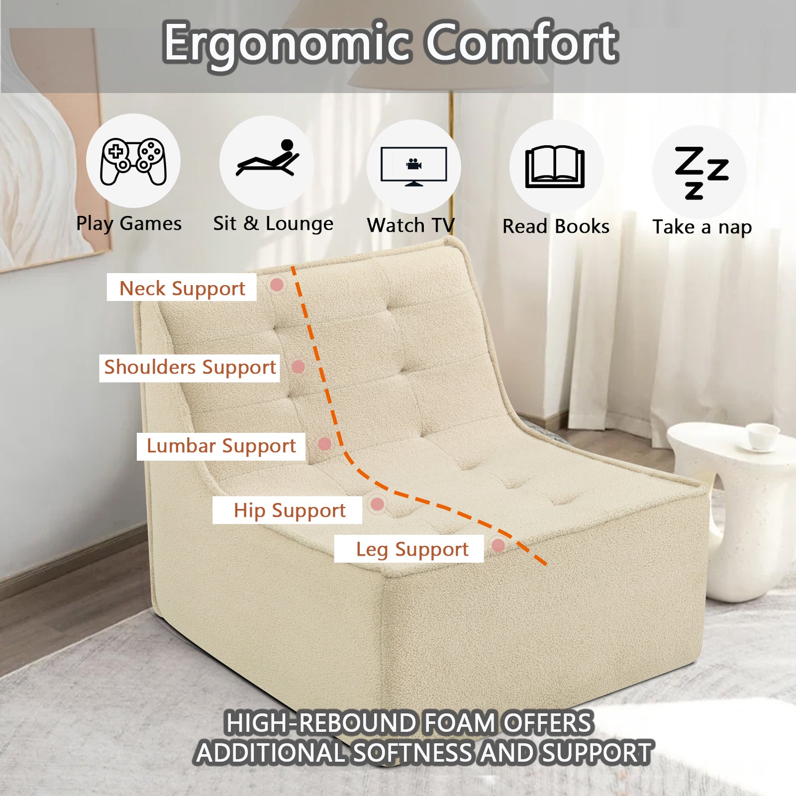 Fireside Chair, Lazy Floor Sofa Couch, Teddy Velvet Bean Bag Chair, Tatami Sofa With High Resilience Foam For Living Room, Bedroom, Office Salon, Khaki Khaki Soft Foam Foam,Teddy