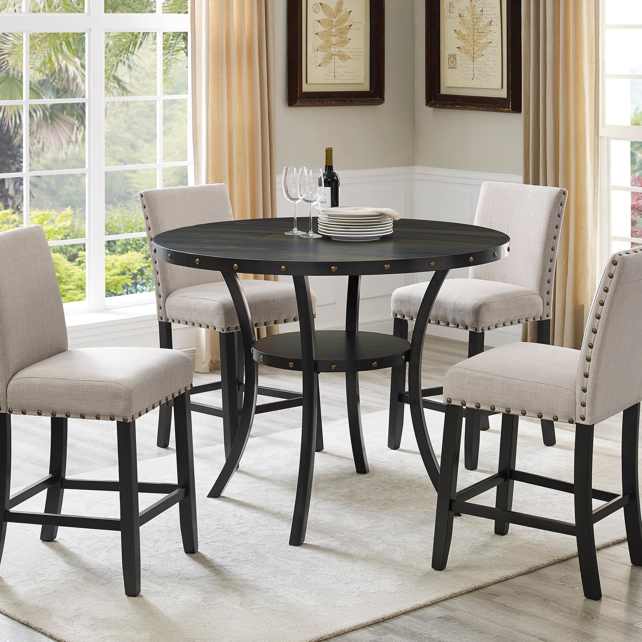 Biony Espresso Wood Counter Height Dining Set With Tan Fabric Stools Wood Brown Tan Seats 4 Metal Fixed Table Round Dining Table With Chair Wood