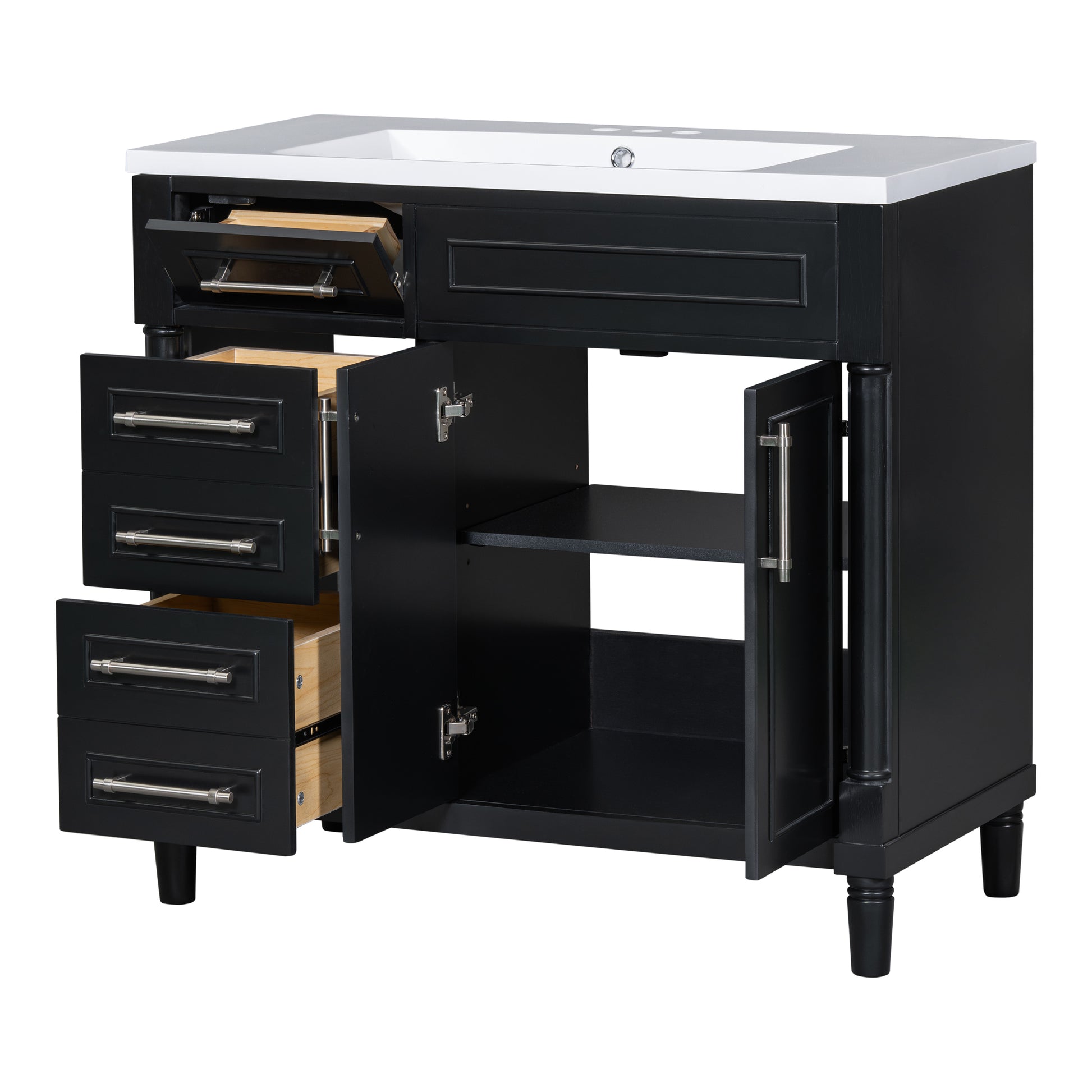 36'' Bathroom Vanity With Top Resin Sink, Freestanding Bathroom Storage Cabinet With 2 Drawers And A Tip Out Drawer, Solid Wood Frame Vanity Set, Height Adjustable Shelf Black Bathroom Solid Wood