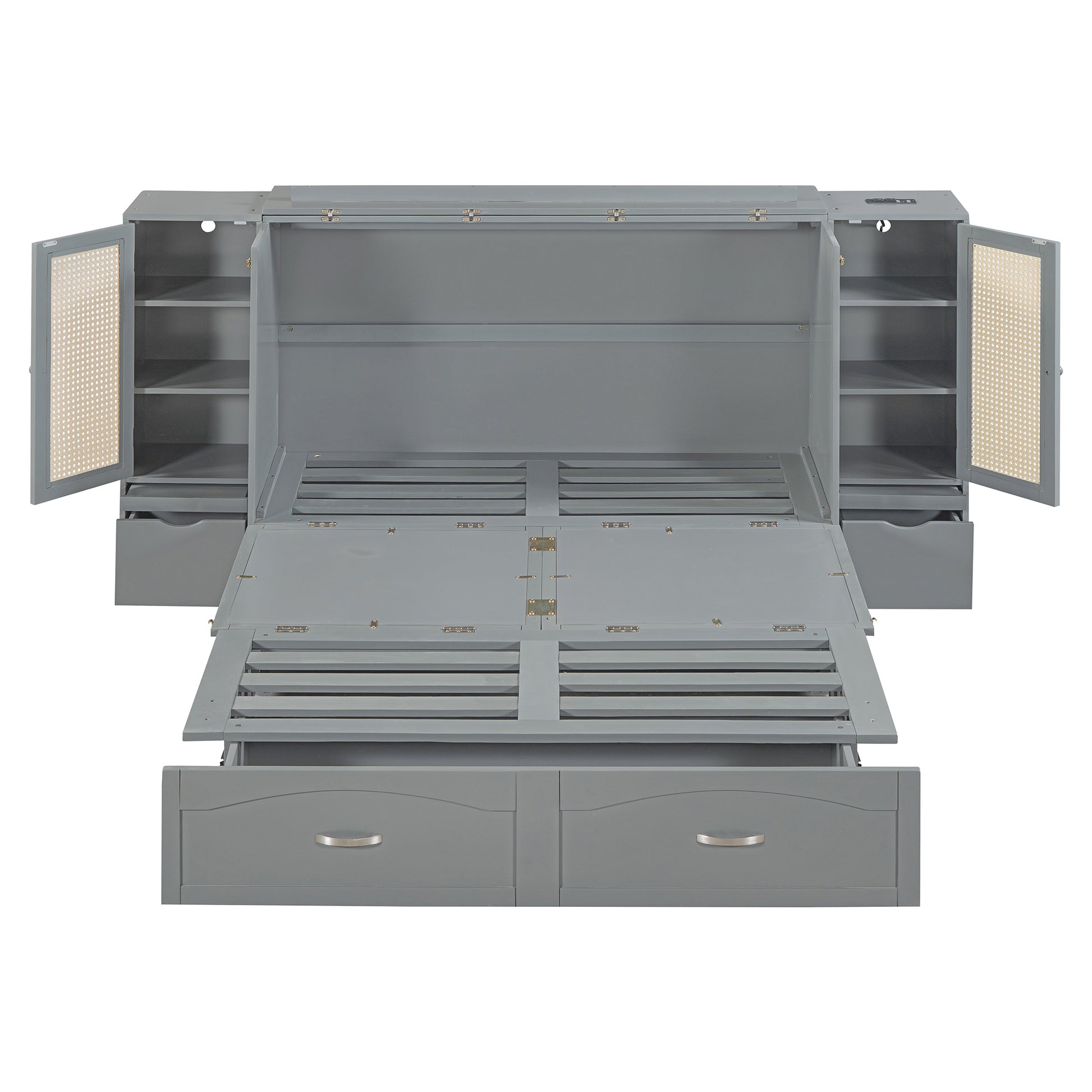 Full Size Murphy Bed Wall Bed With Drawer And Rattan Decoration With 2 Storage Cabinets, One Set Of Sockets & Usb Ports, Pulley Structure Design, Gray Full Gray Plywood