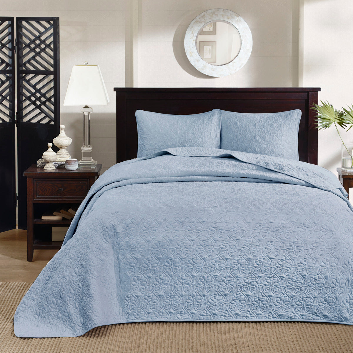 Reversible Bedspread Set Blue King Blue Cotton