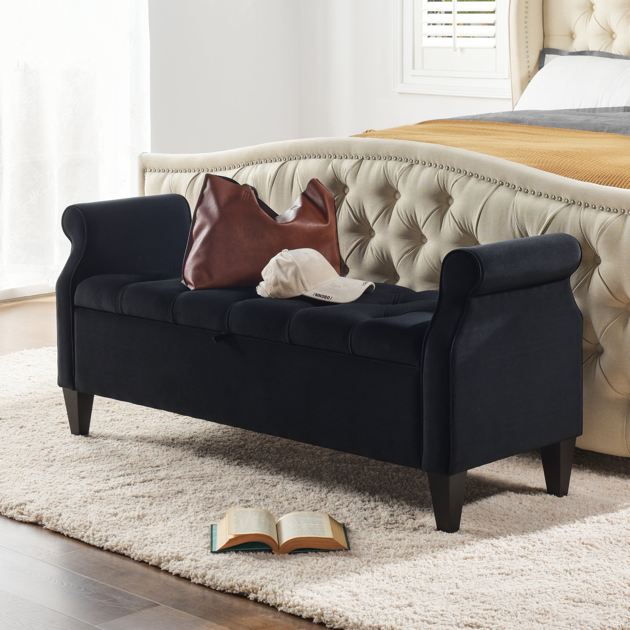 Jacqueline 57.5" Tufted Roll Arm Storage Bench, Anthracite Black Velvet Anthracite Foam Velvet
