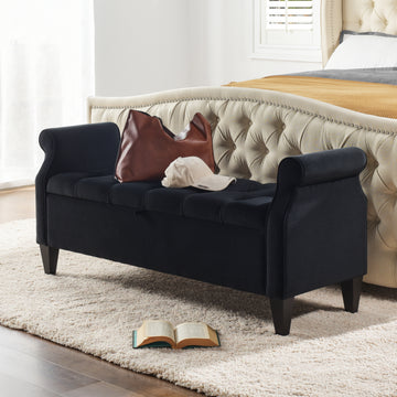 Jacqueline 57.5" Tufted Roll Arm Storage Bench, Anthracite Black Velvet Anthracite Foam Velvet