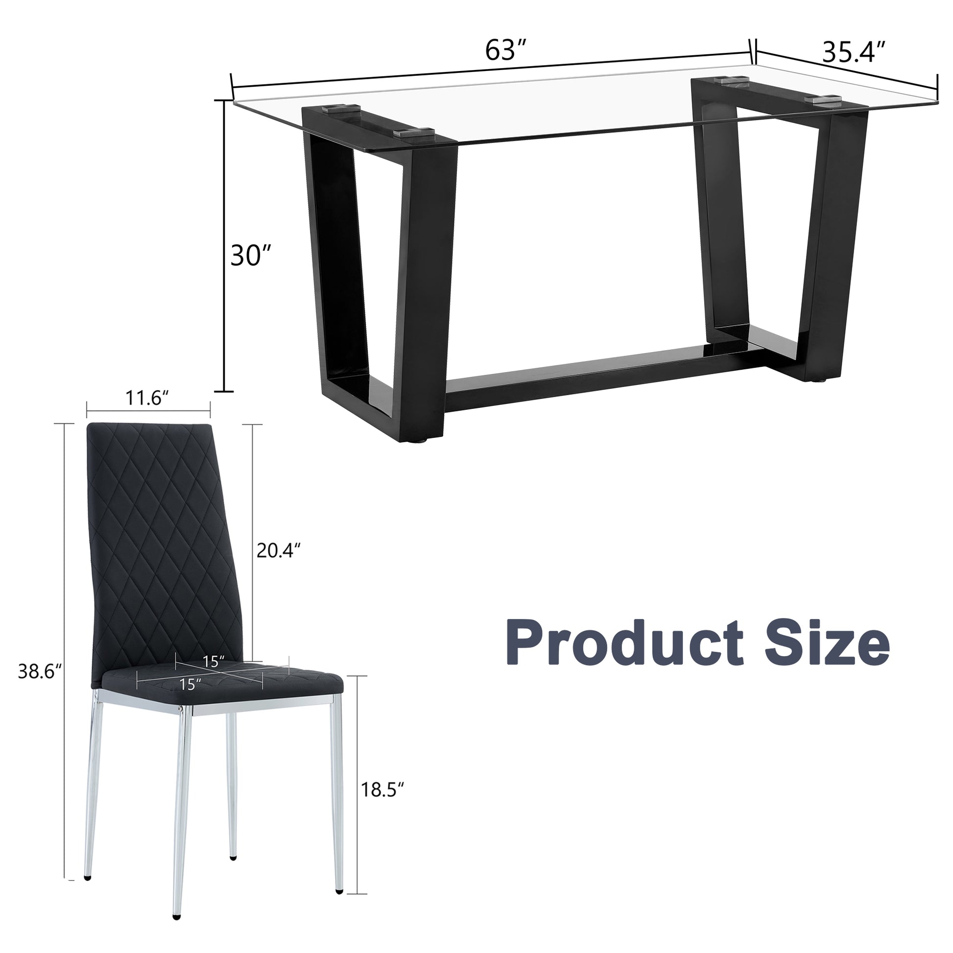 Table And Chair Set.A Rectangular Dining Table Features With Tempered Glass Top And Sleek Black Mdf Stand.Paried With 6 Pu Chairs With Checkered Armless High Back And Electroplated Metal Legs. Black,Transparent Seats 6 Mdf Glass