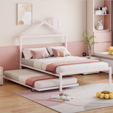 Full Size Metal Platform Bed With Twin Size Trundle,House Shaped Headboard Design, Pink Full Pink Metal