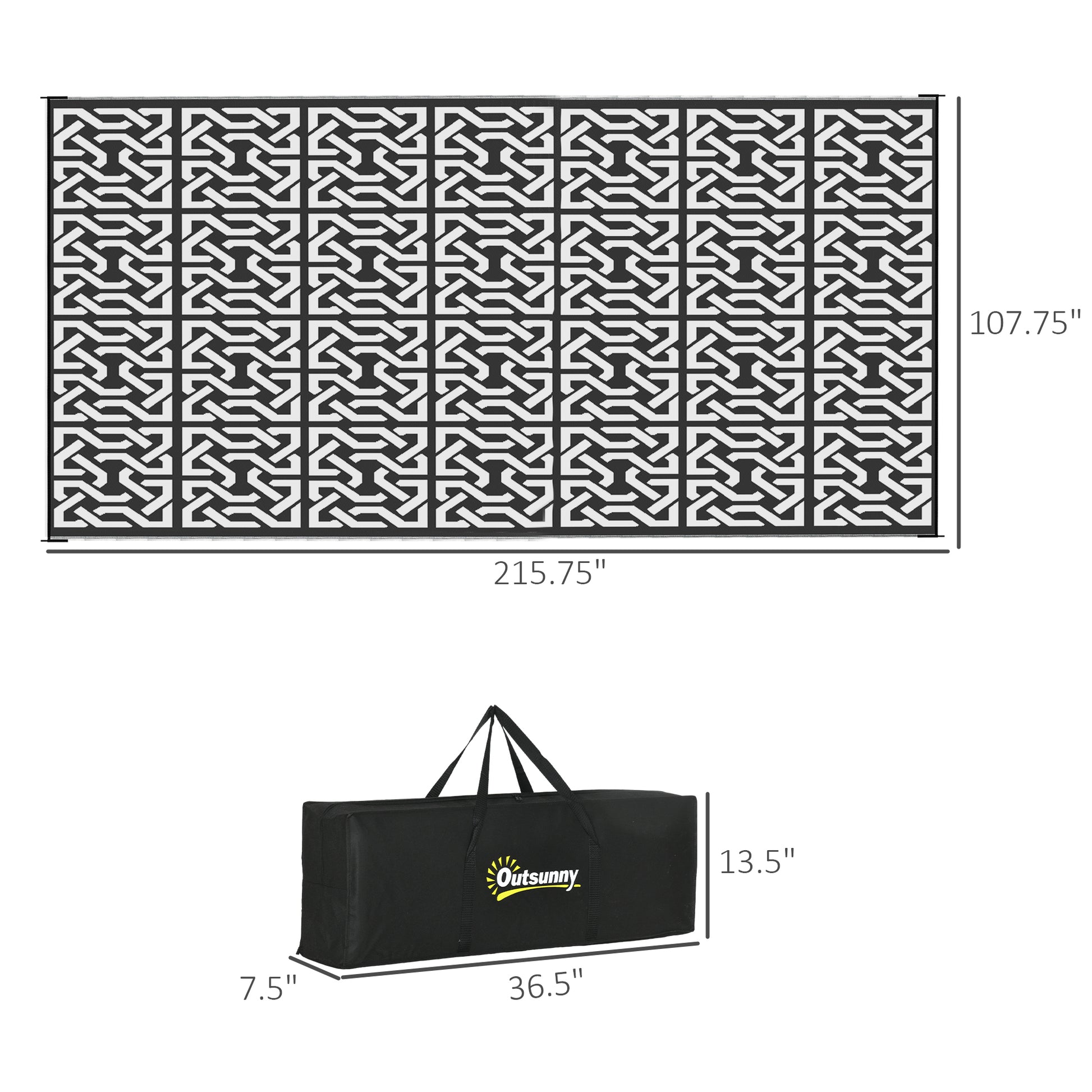 Outsunny Reversible Outdoor Rug, 9' X 18' Waterproof Plastic Straw Floor Mat, Portable Rv Camping Carpet With Carry Bag, Large Floor Mat For Backyard, Deck, Picnic, Beach, Black & White Chain Multicolor Polypropylene