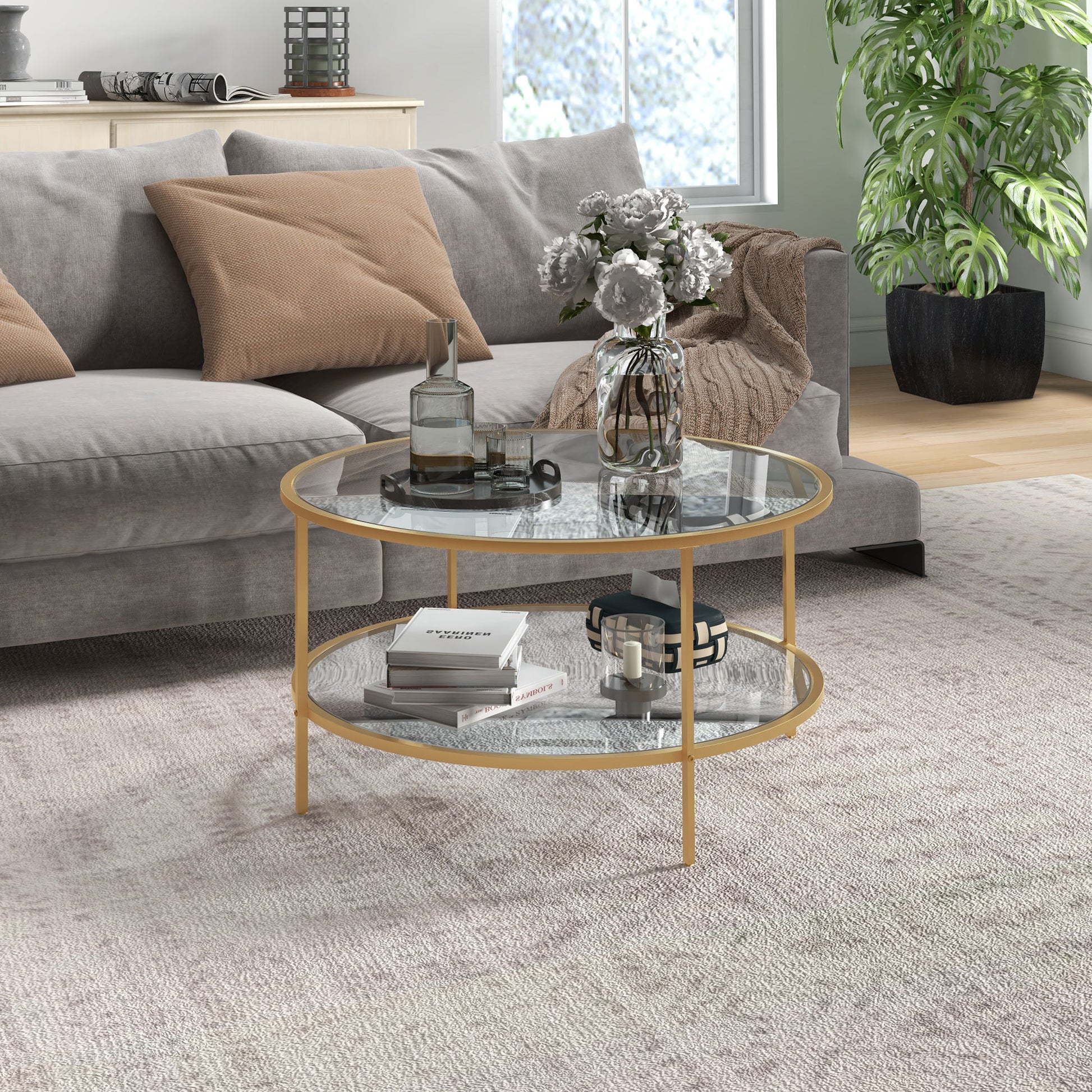 Homcom Side Table With Storage, 32" Round End Table, 2 Tier Tempered Glass Coffee Table With Steel Frame For Living Room, Gold Gold Glass Metal