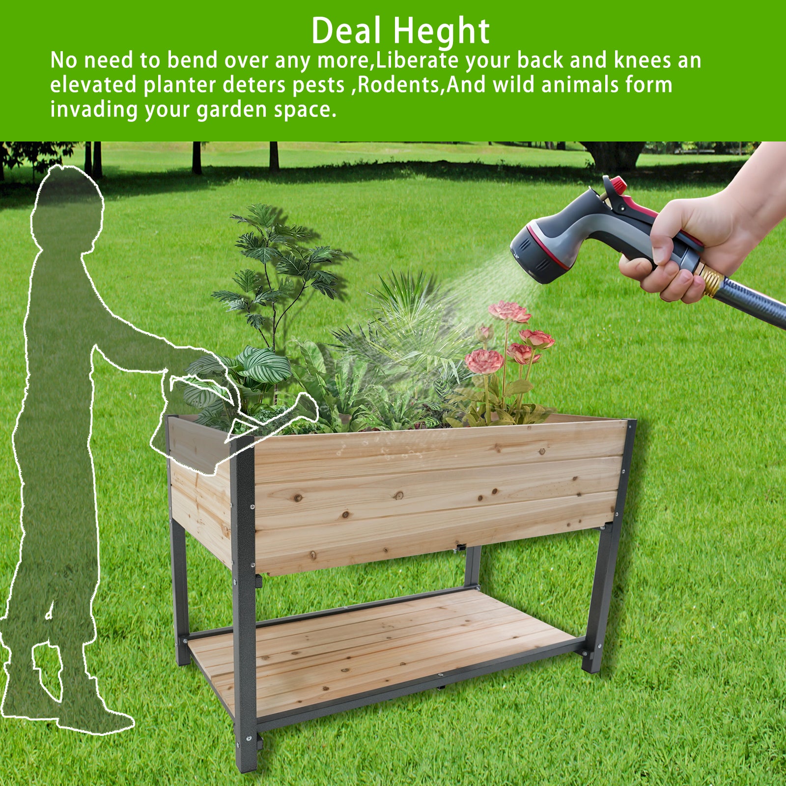 Style: 45" Iron Wood Combined Growing Beds With Feet And Storage Racks. Suitable For Various Places Such As Gardens, Backyards, Terraces, Balconies, Etc. Natural Solid Wood