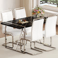 Table And Chair Set.A Rustic Industrial Rectangular Mdf Black Dining Table With Mdf Desktop And Electroplated Silver Metal Legs.Paried With 4 Chairs With Pu Cushion And Metal Legs. White Black Seats 4 Mdf Metal