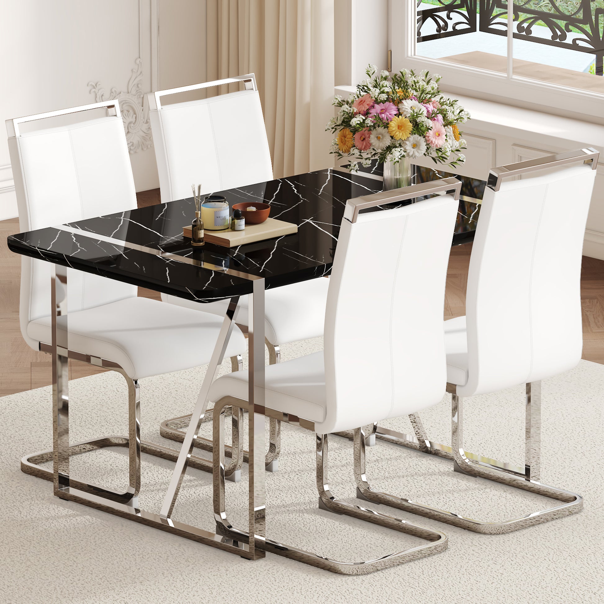 Table And Chair Set.A Rustic Industrial Rectangular Mdf Black Dining Table With Mdf Desktop And Electroplated Silver Metal Legs.Paried With 4 Chairs With Pu Cushion And Metal Legs. White Black Seats 4 Mdf Metal