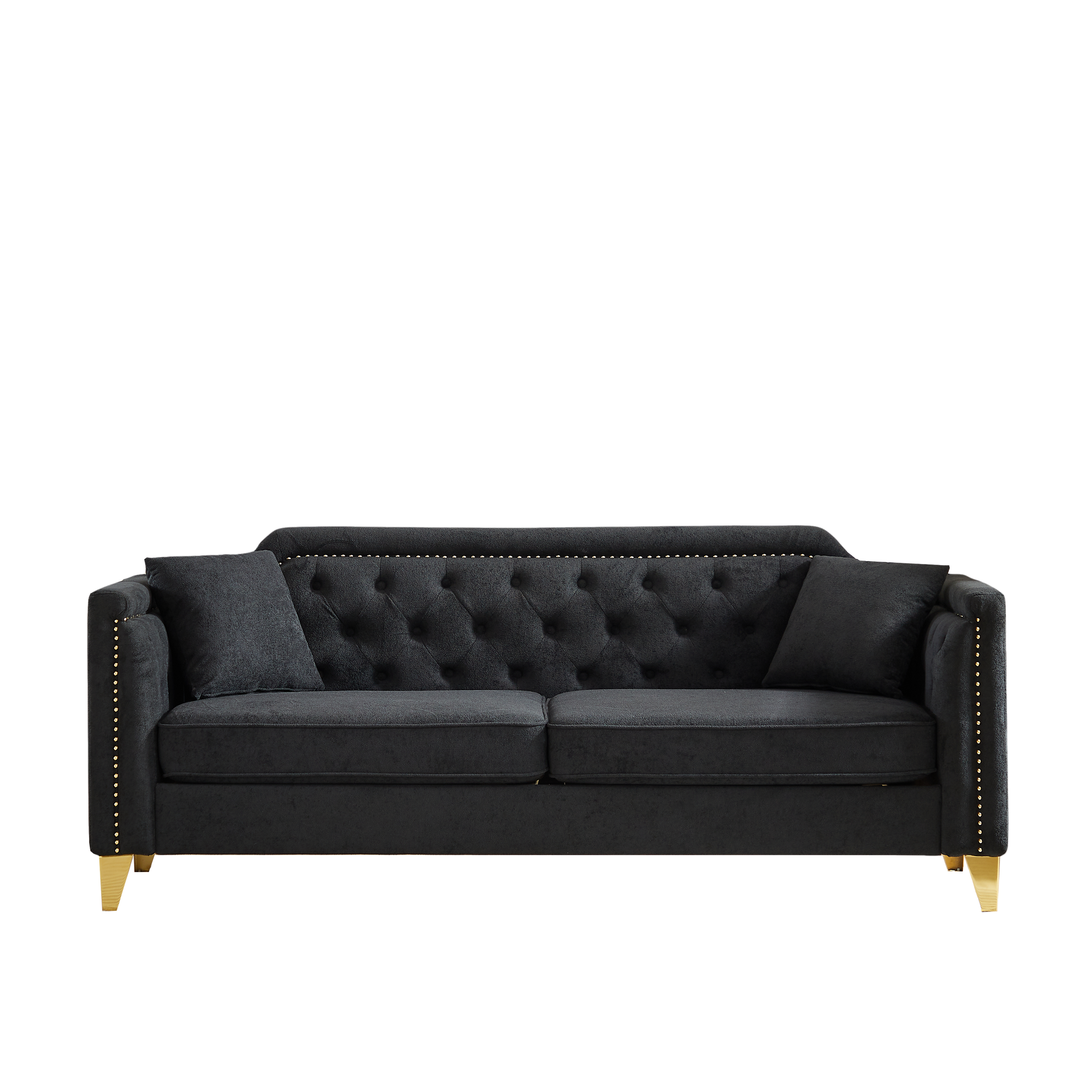 Fx81"Mid Century Design Modern Sofa,Chenille Pull Buckle Design Sofa For Living Room,Buttons Tufted With Copper Nail Decoration Armrest, With 2 Pillows,Modern Couch Upholstered Button And Metal Legs Black Chenille Pine Foam Fabric 3 Seat