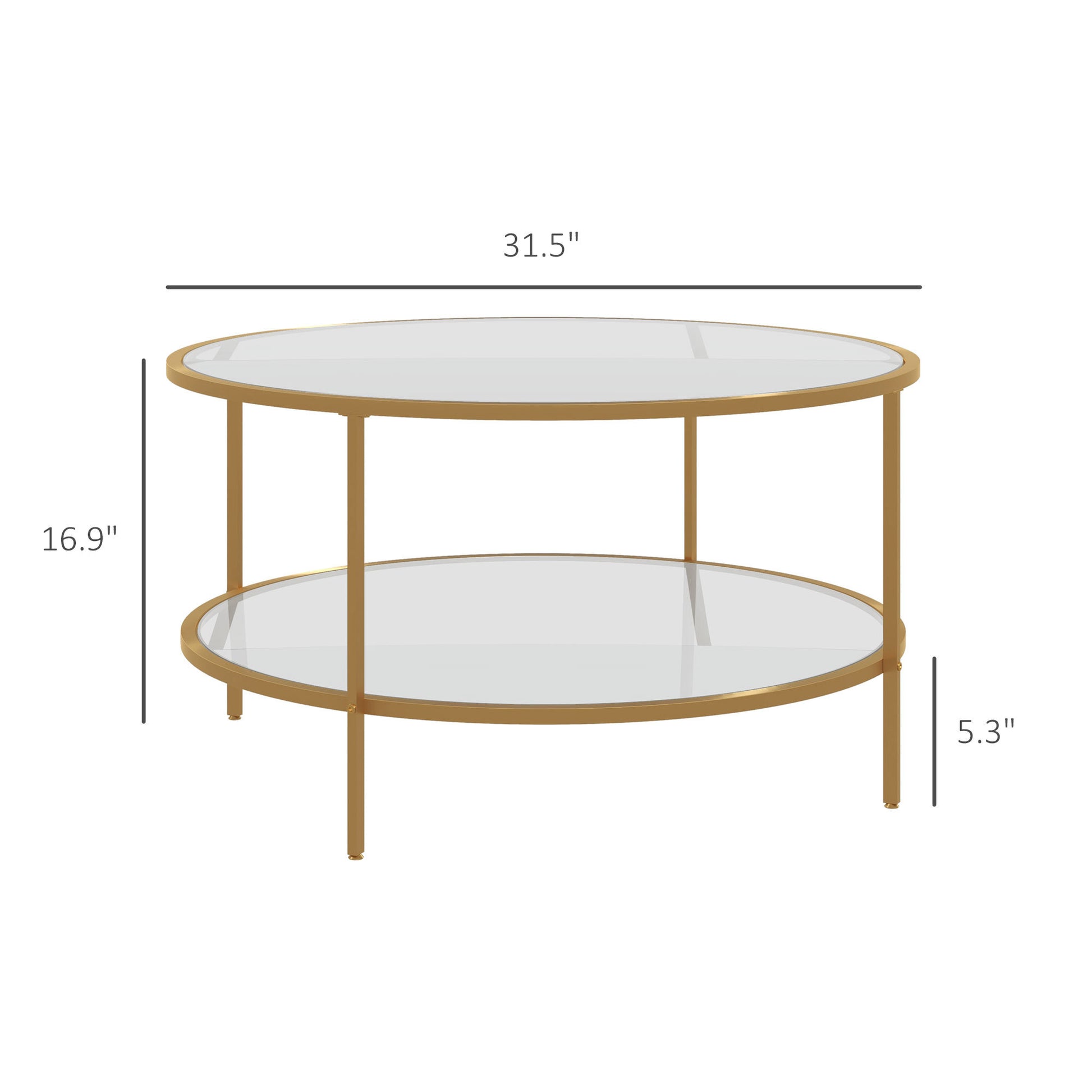 Homcom Side Table With Storage, 32" Round End Table, 2 Tier Tempered Glass Coffee Table With Steel Frame For Living Room, Gold Gold Glass Metal