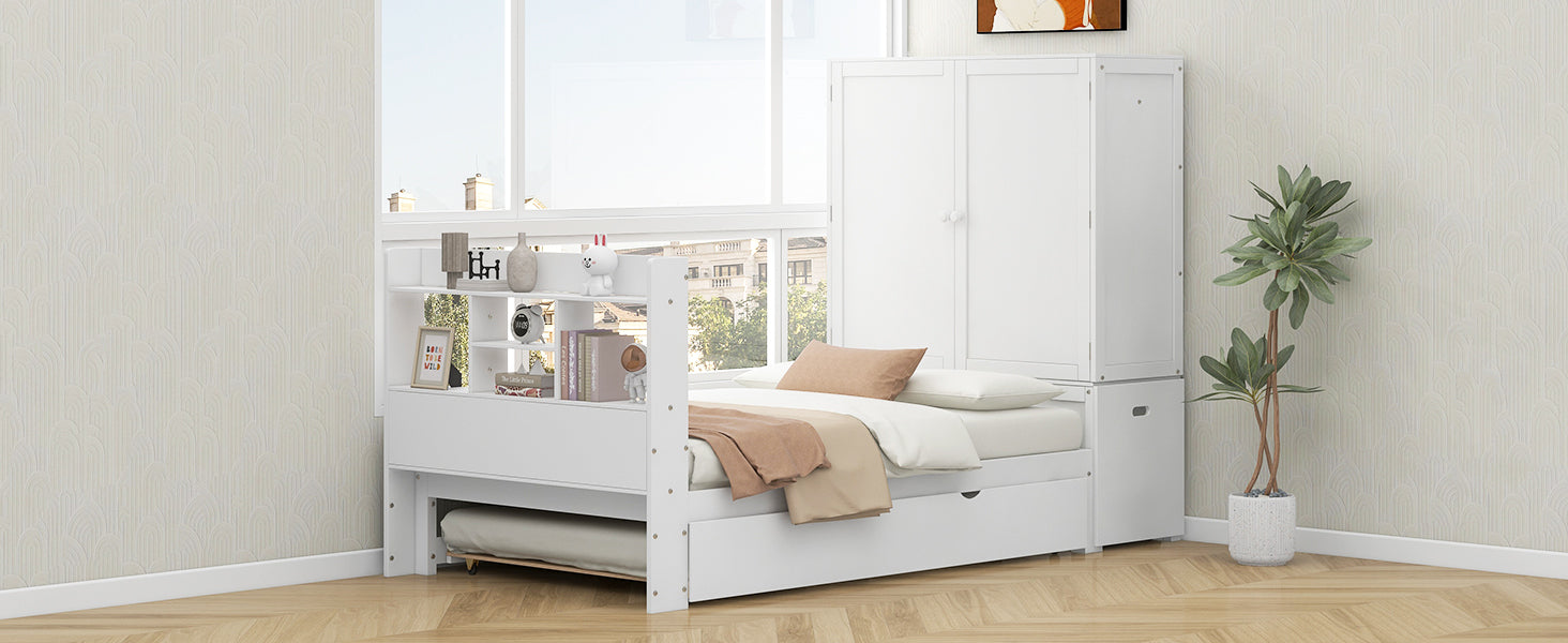 Twin Size Platform Bed With Storage Headboard And Footboard, Pull Out Shelves And Twin Size Trundle, White Box Spring Not Required Twin White Wood Bedroom Bed Frame Solid Wood Mdf