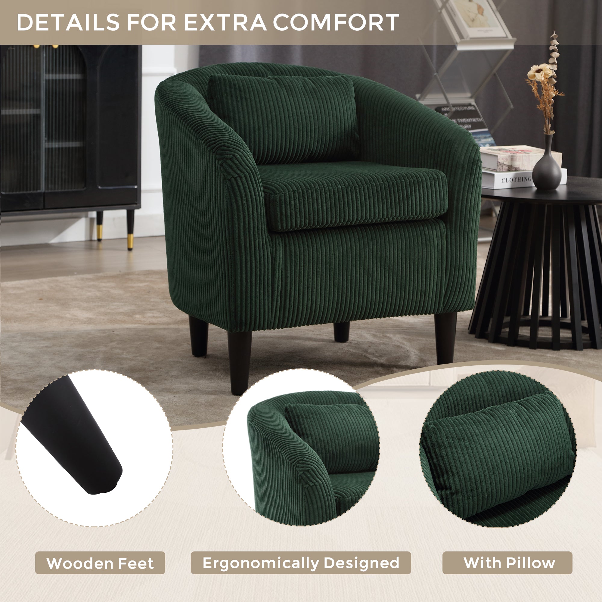 Coolmore Living Room Accent Barrel Chair, Century Modern Style Decorative Chair, Armchair For Living Room With Thick Cushions And Pillows, Comfy Single Sofa Chair, Chair With Wooden Legs Emerald Corduroy