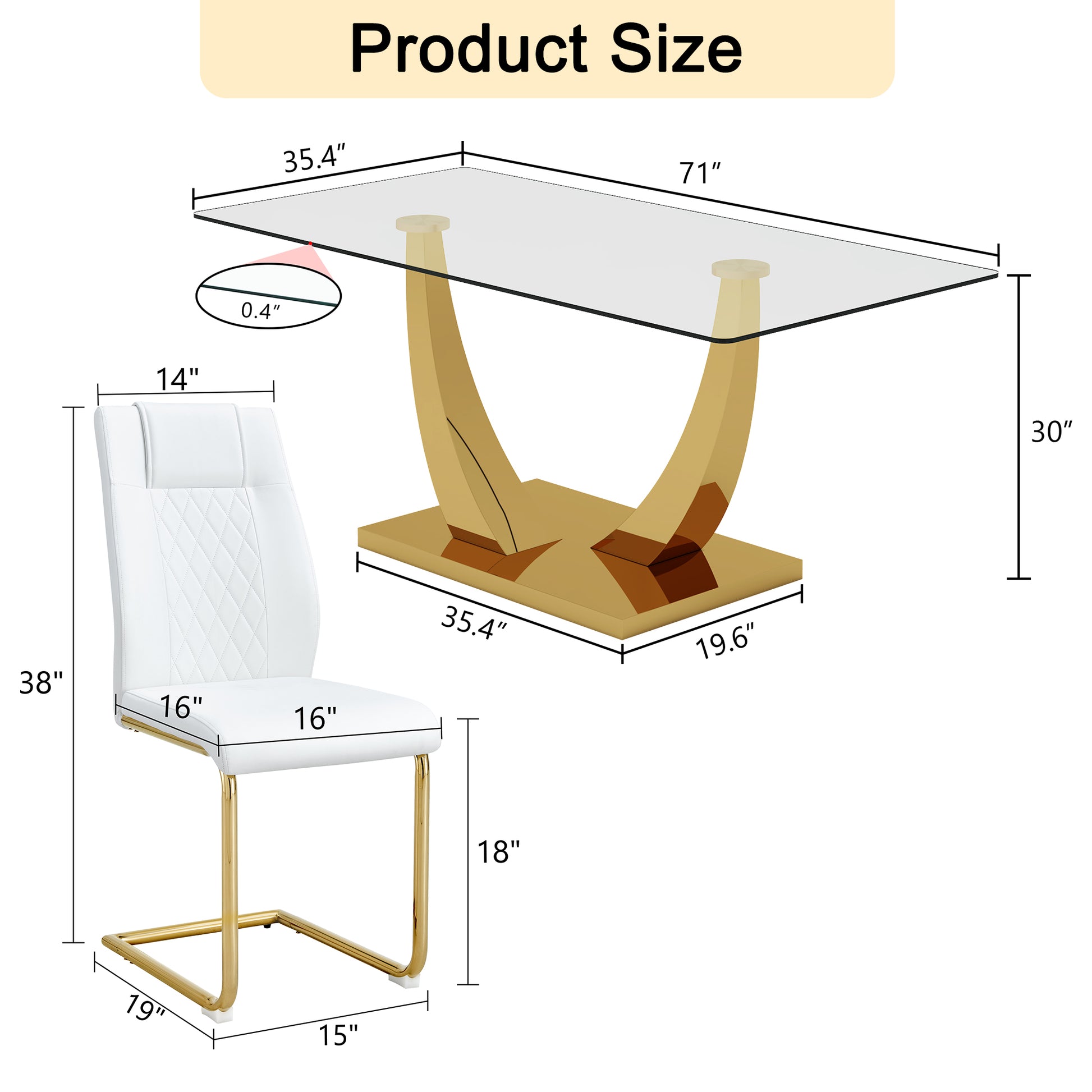 Table And Chair Set.Modern Rectangular Dining Table With Transparent Tempered Glass Tabletop And Gold Plated Metal Legs.Paried With 6 Comfortable Chairs With Pu Seats And Golden Metal Legs. Transparent,White Gold Seats 6 Glass Metal