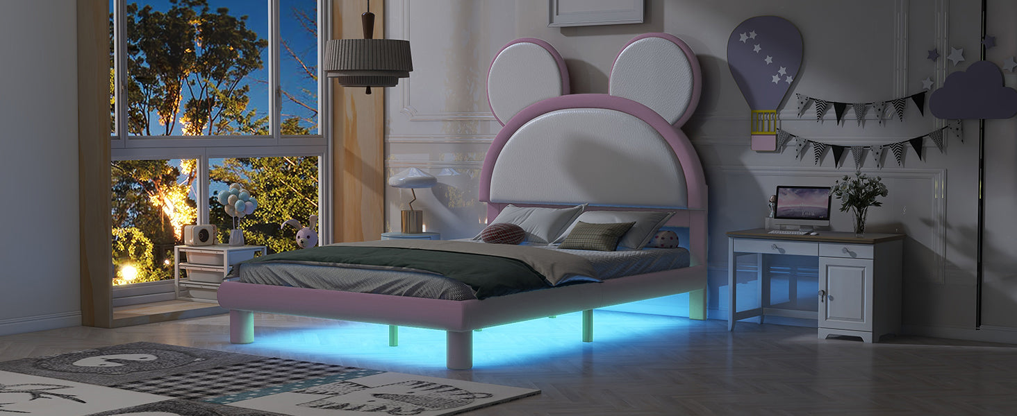 Full Size Upholstered Platform Bed With Cartoon Ears Shaped Headboard And Led, White&Pink Box Spring Not Required Full White Pink Bedroom Bed Frame Faux Leather Upholstered