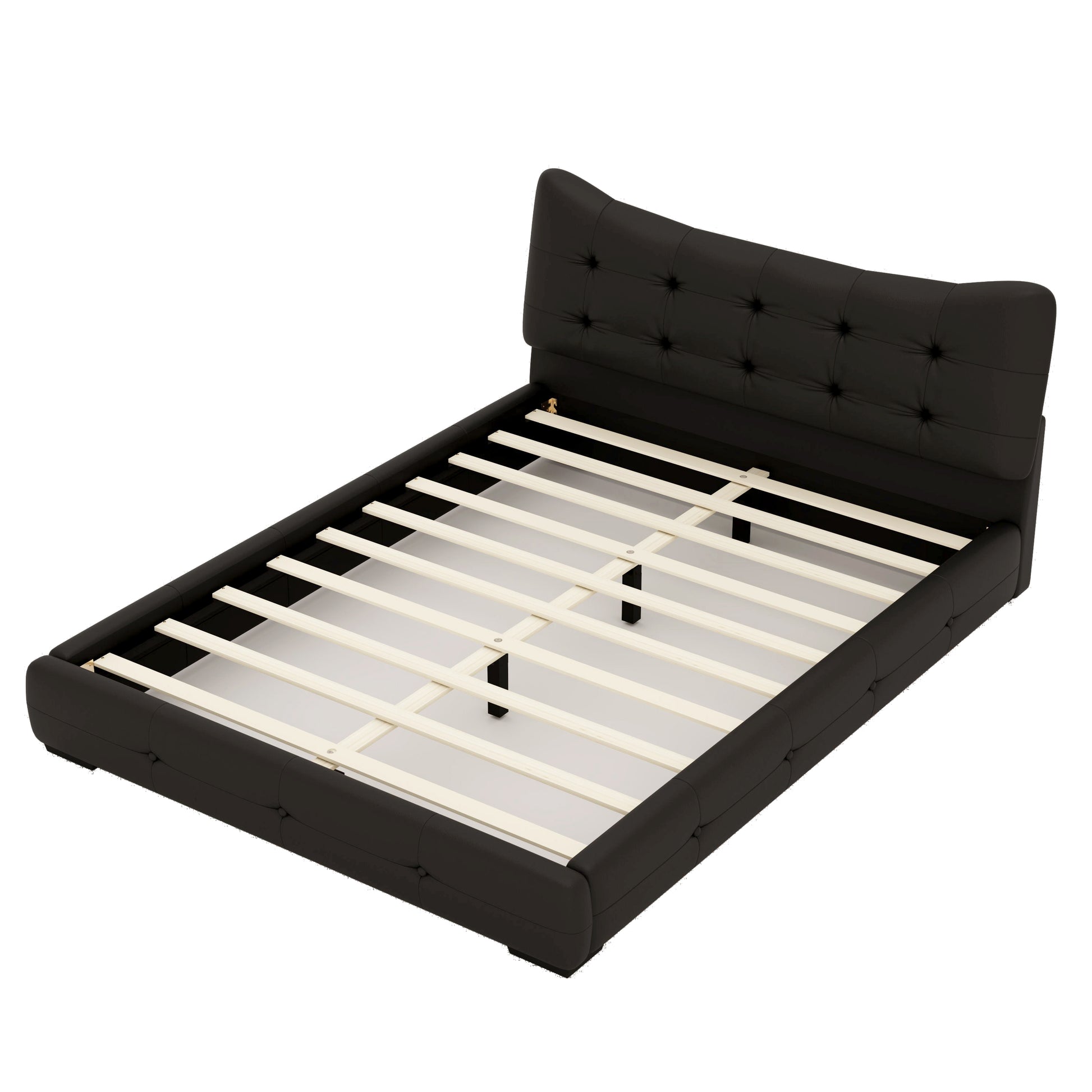 Modern Pu Upholstered Queen Bed With Ergonomic Wingback Headboard, No Box Spring Needed, Black Box Spring Not Required Queen Black Composite Bedroom Contemporary Bed Frame Pu,Upholstered
