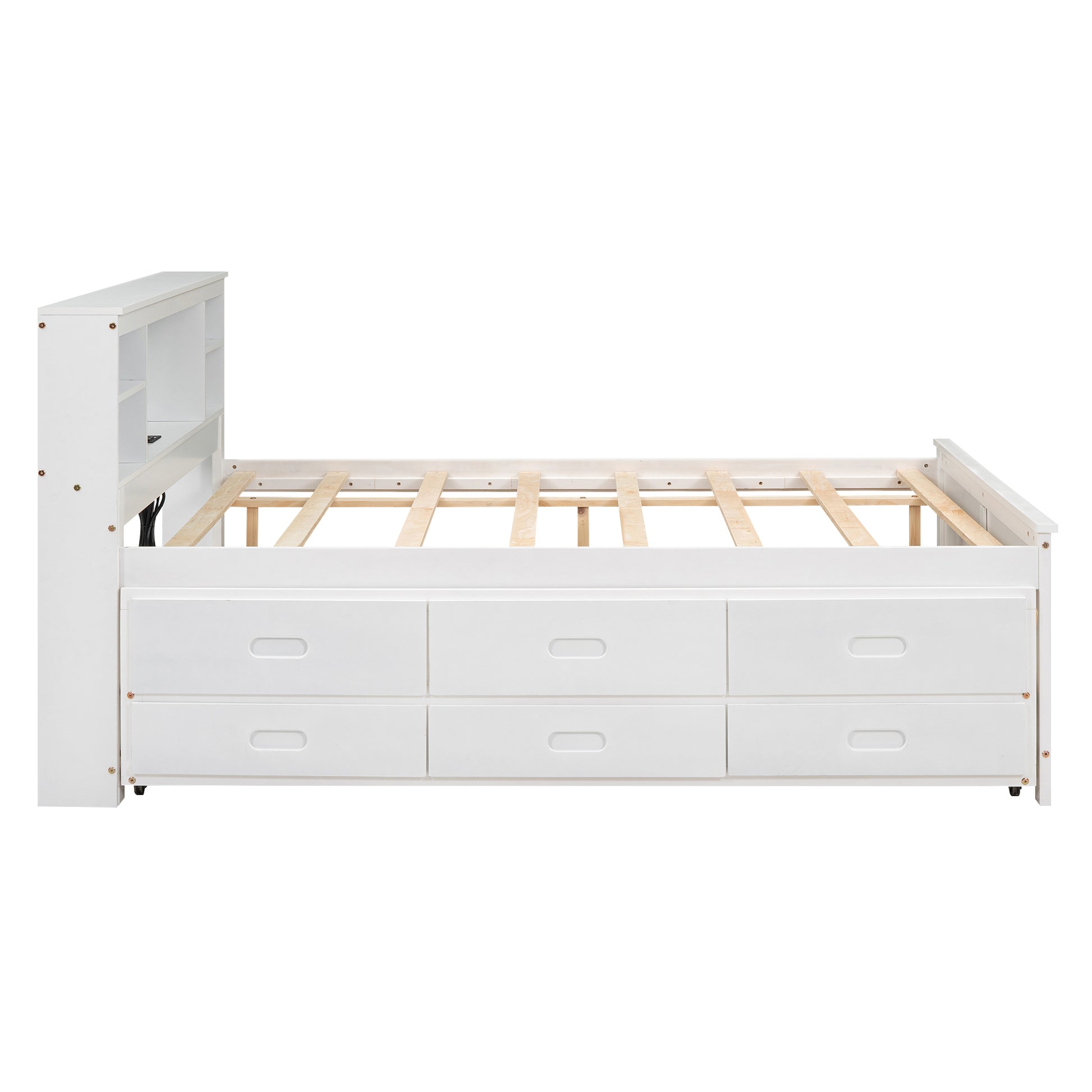 Full Size Platform Bed With Storage Headboard, Usb, Twin Size Trundle And 3 Drawers, White Box Spring Not Required Full White Wood Bedroom Bed Frame Solid Wood Mdf