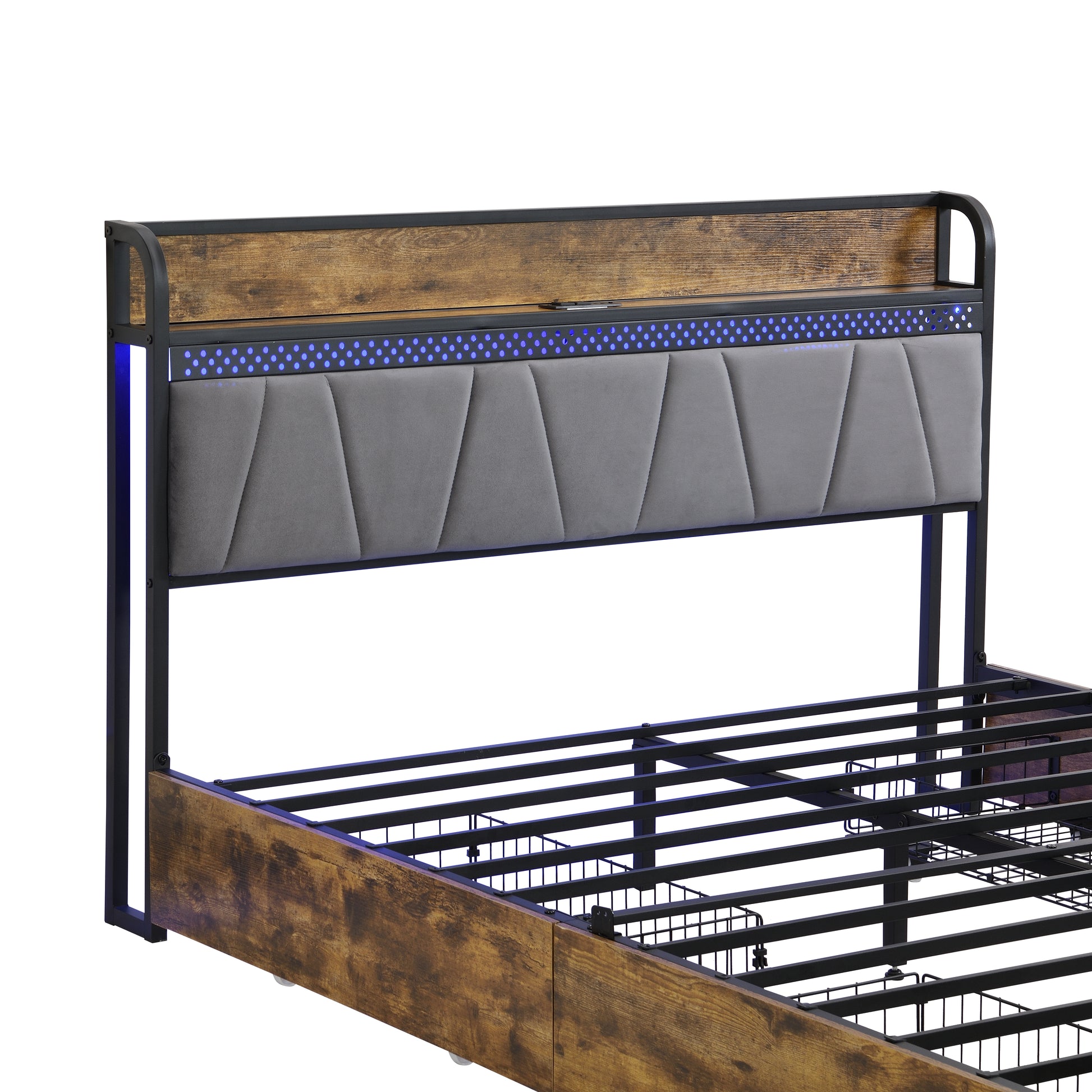 King Size Bed Frame, Storage Headboard With Charging Station And 4 Storage Drawers,Led Lightsbrown And And Gray Black Brown Grey Mdf Metal
