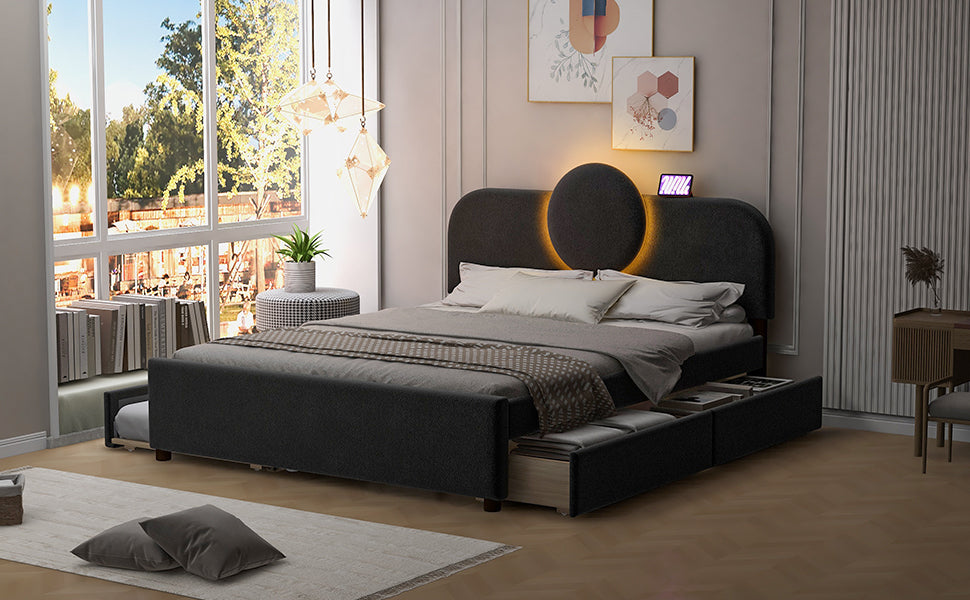 Queen Size Upholstered Platform Bed With Multi Functional Headboard, Trundle And 2 Drawers, Gray Box Spring Not Required Queen Gray Wood Bedroom Upholstered