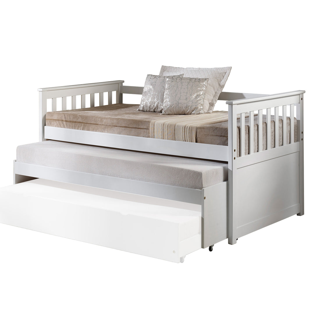 White Slatted Armrest Twin Daybed With Roll Out Bed Box Spring Not Required Twin White Wood White Wood