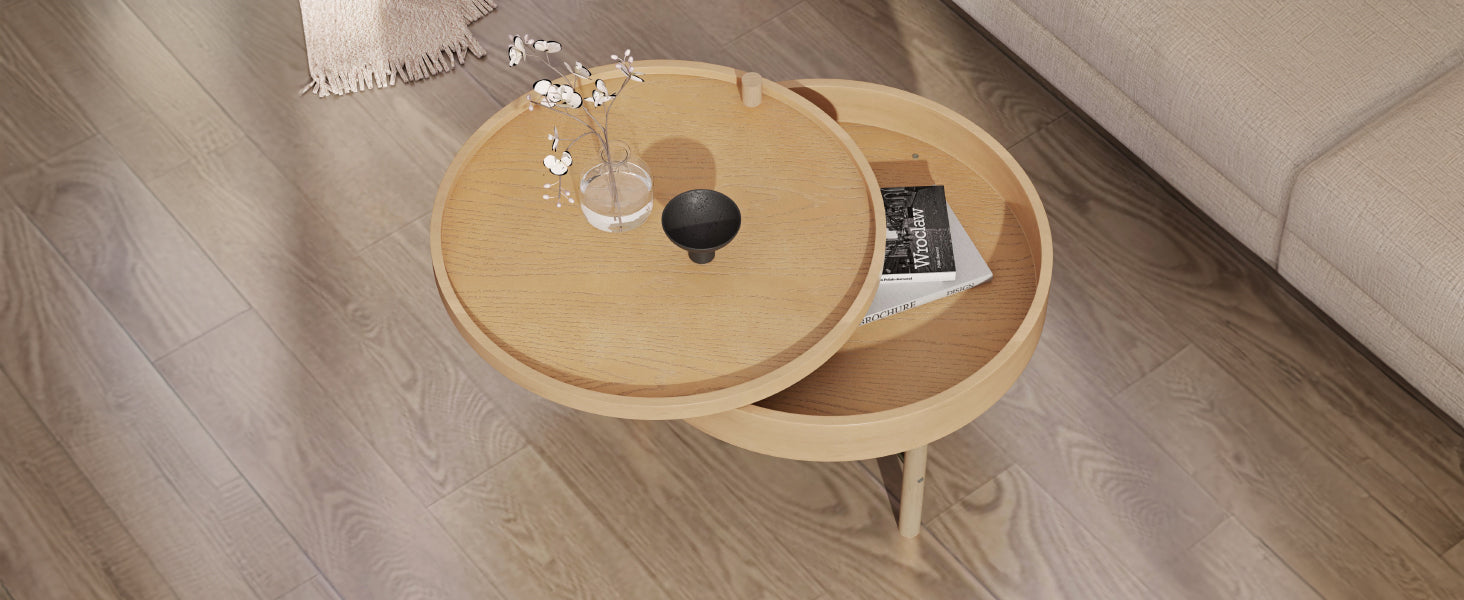 Modern Round Wood Rotating Tray Coffee Table With Storage & Metal Legs In Natural Natural Metal,Rubber Wood