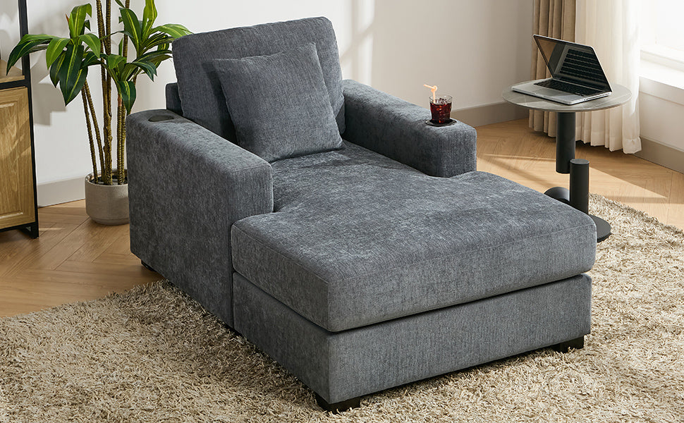 39.7" Oversized Chaise Lounger Modern Style Sofa Couch ,With Pillows, Charge Station & Cup Holders, Chenille Fabric, Blue Gray Blue Gray Chenille