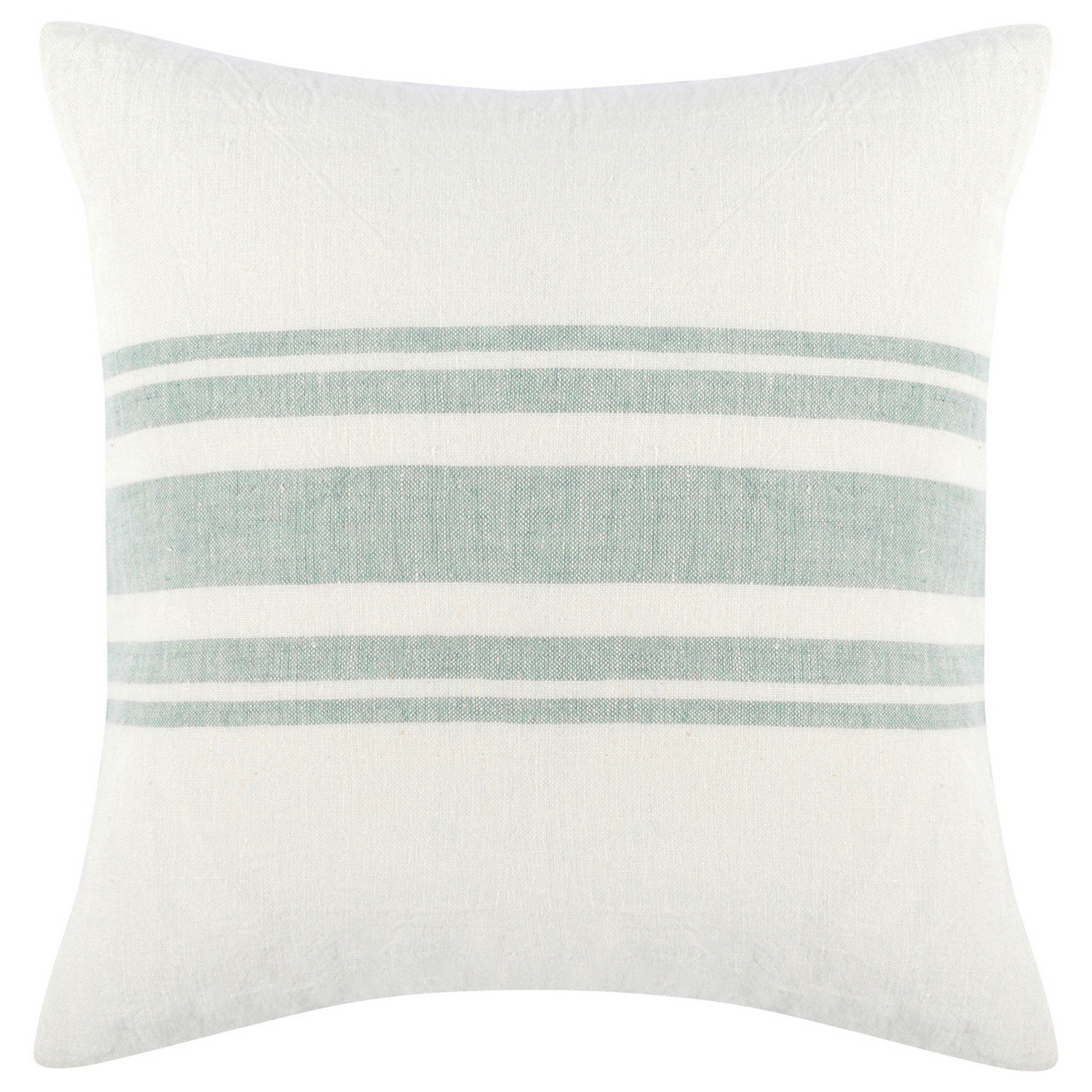 22 Inch Square Linen Accent Throw Pillow, Stripe Design, Eucalyptus, White White Green Wood