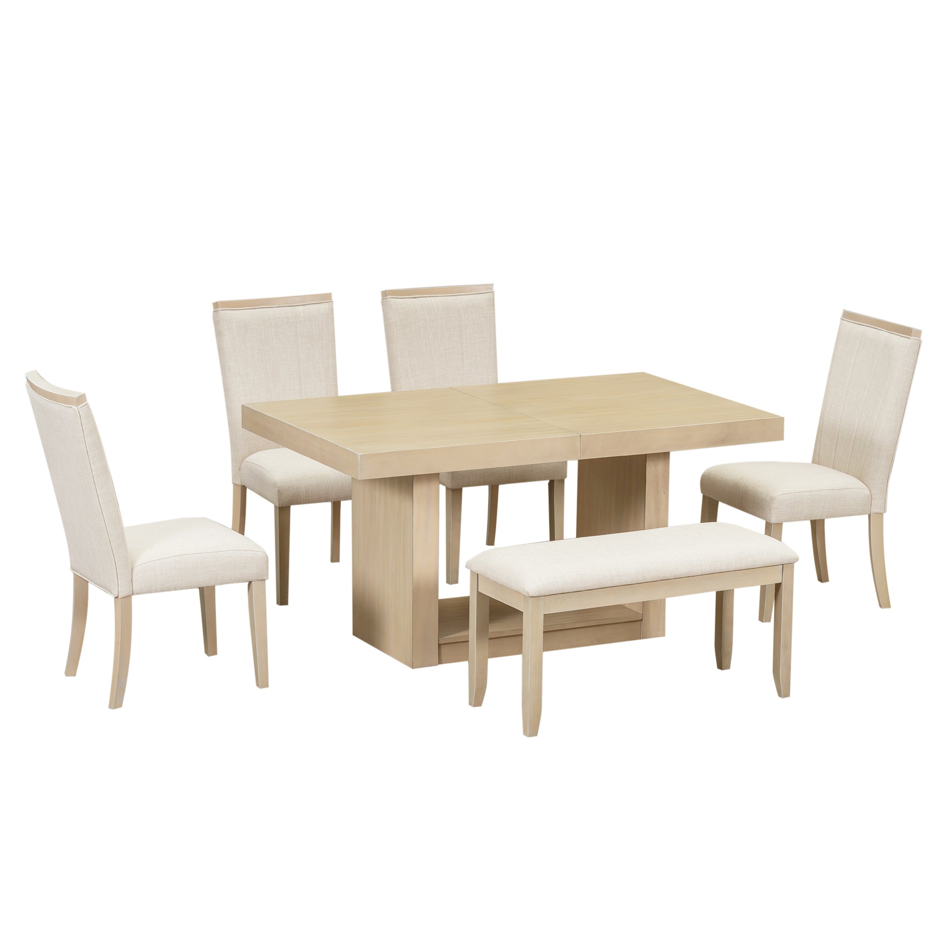 Contemporary 6 Piece 78Inch Extendable Pedestal Dining Table Set With 18Inch Removable Leaf And Dining Bench, 4 Upholstered Dining Chairs, Natural Wood Dining Room Solid Wood Rubberwood Rectangular Dining Table With Chair And Bench Upholstered Chair Wood