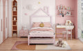 Twin Size Metal Platform Bed With Twin Size Trundle,House Shaped Headboard Design, Pink Twin Pink Metal