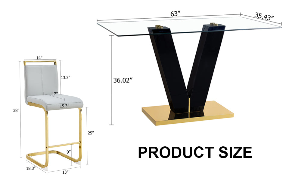 Table And Chair Set,Clear Tempered Glass And Black Legs Of The Table, Pu And Gold Legs Of The Chair Black Grey Seats 4 Tempered Glass