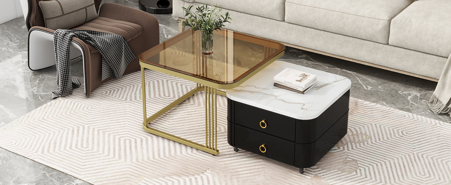 2 In 1 Square Nesting Coffee Table With Wheels & Drawers, Stackable Side Table With High Gloss Marble Grain Top, End Table Set With Brown Tempered Glass For Living Room, Black Black Gold Primary Living Space Drawers Square Mdf Steel