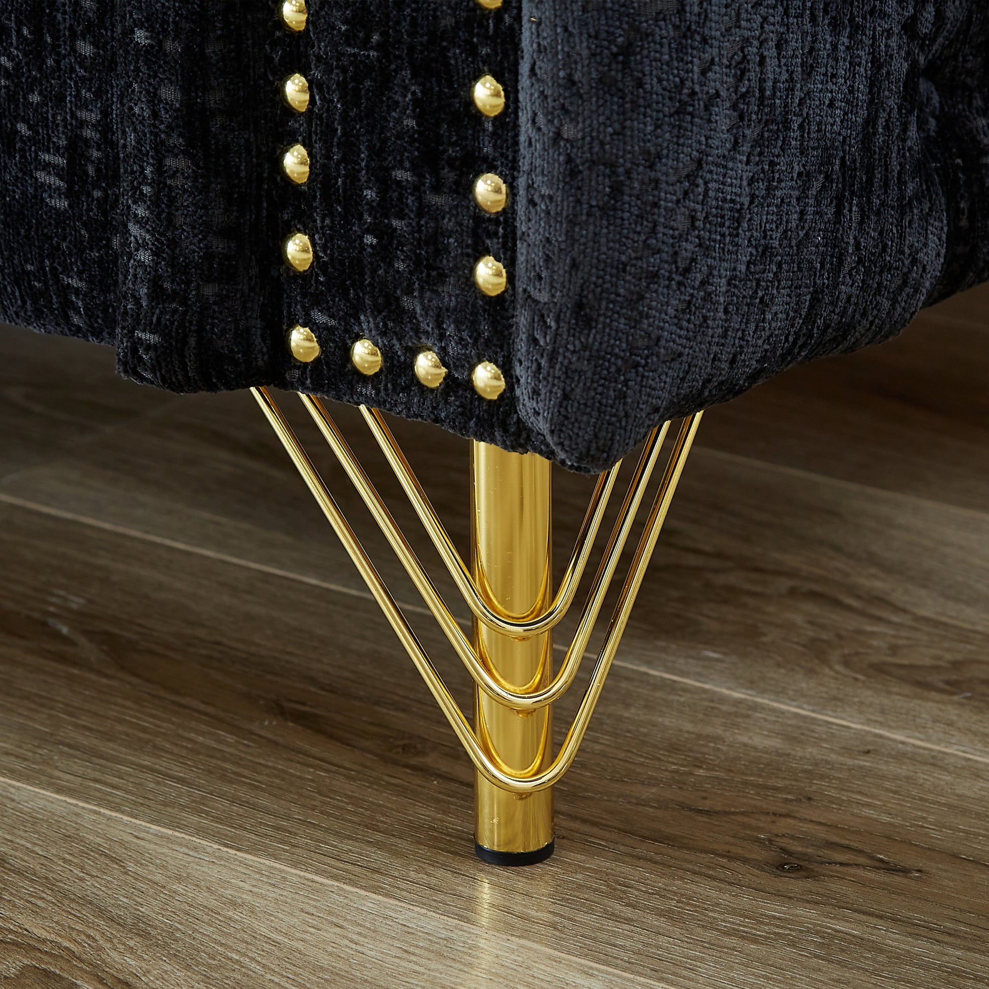 Chenille Pull Buckle Design Sofa For Living Room,Buttons Tufted With Copper Nail Decoration Armrest, Modern Couch Upholstered Button And Metal Legs Black Foam Chenille 5 Seat