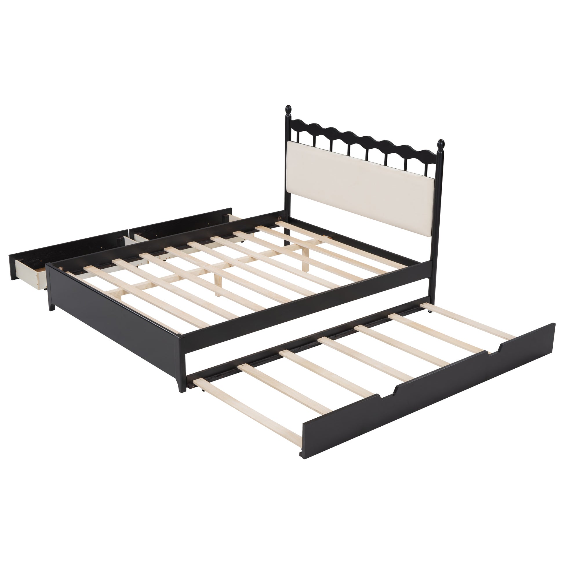 Queen Size Wooden Storage Platform Bed, With 2 Big Drawers, T Size Trundle ,Espresso Queen Espresso Plywood