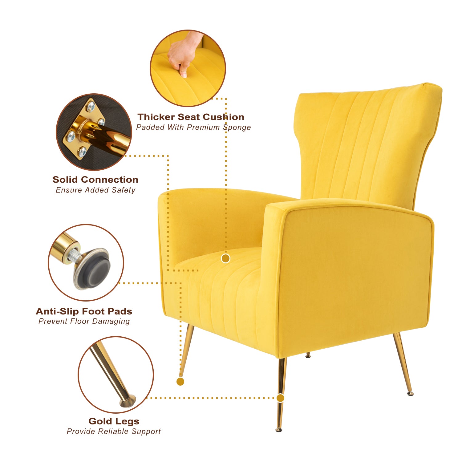 Velvet Accent Chair, Wingback Arm Chair With Gold Legs, Upholstered Single Sofa For Living Room Bedroom Yellow Velvet 1 Seat