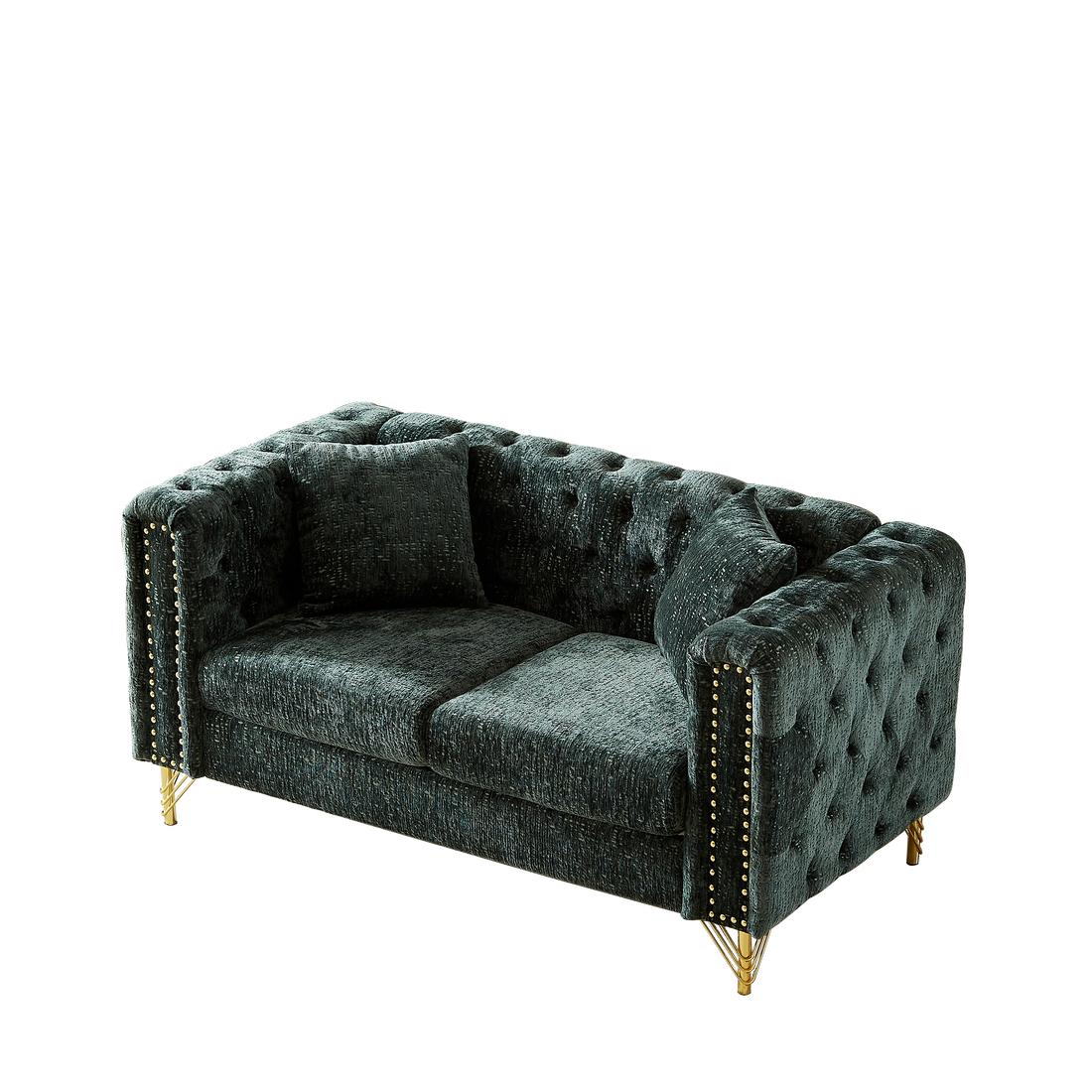 60 Inch Chenille Pull Buckle Design Sofa For Living Room,Buttons Tufted With Copper Nail Decoration Armrest, Modern Couch Upholstered Button And Metal Legs Green Foam Chenille 2 Seat