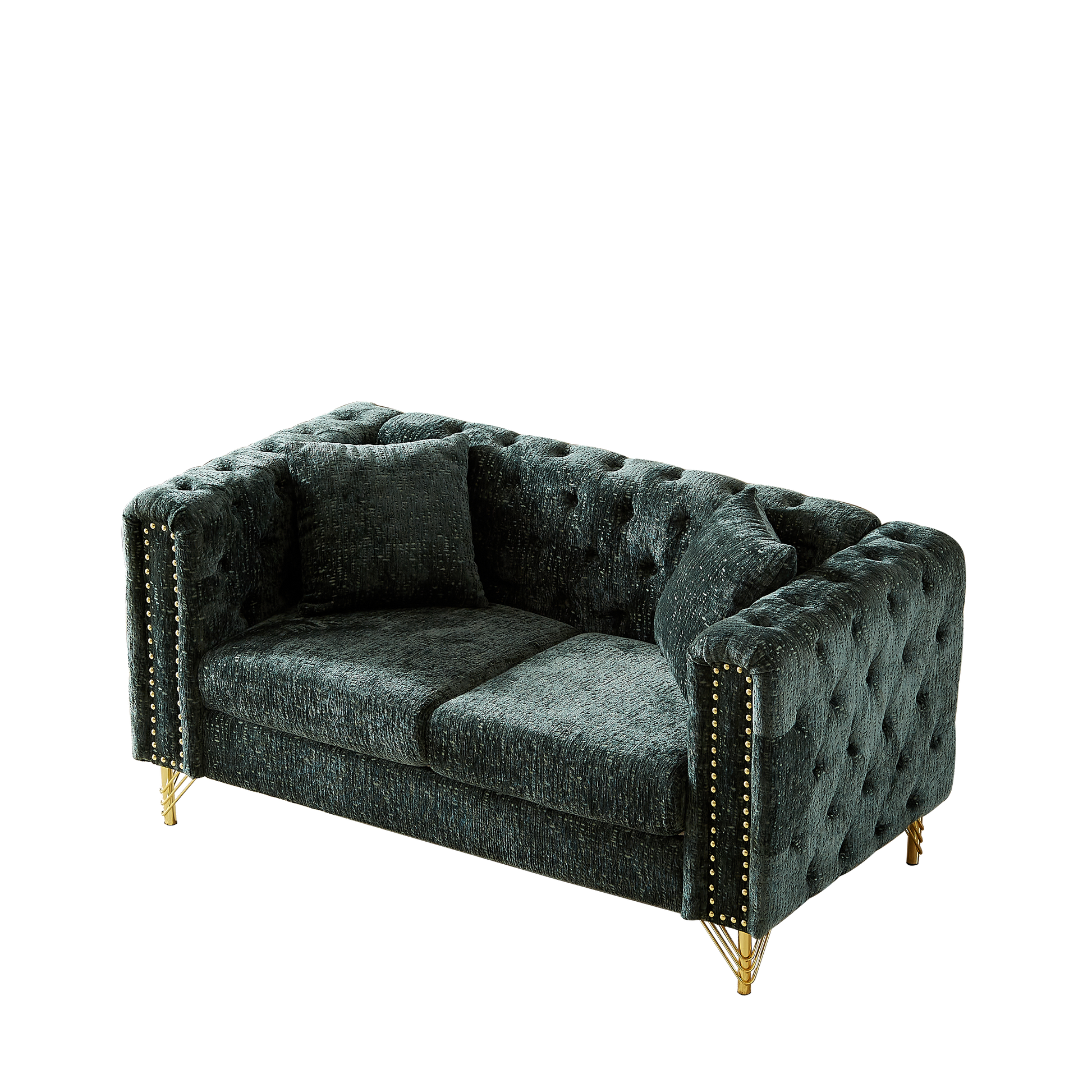 60 Inch Chenille Pull Buckle Design Sofa For Living Room,Buttons Tufted With Copper Nail Decoration Armrest, Modern Couch Upholstered Button And Metal Legs Green Foam Chenille 2 Seat