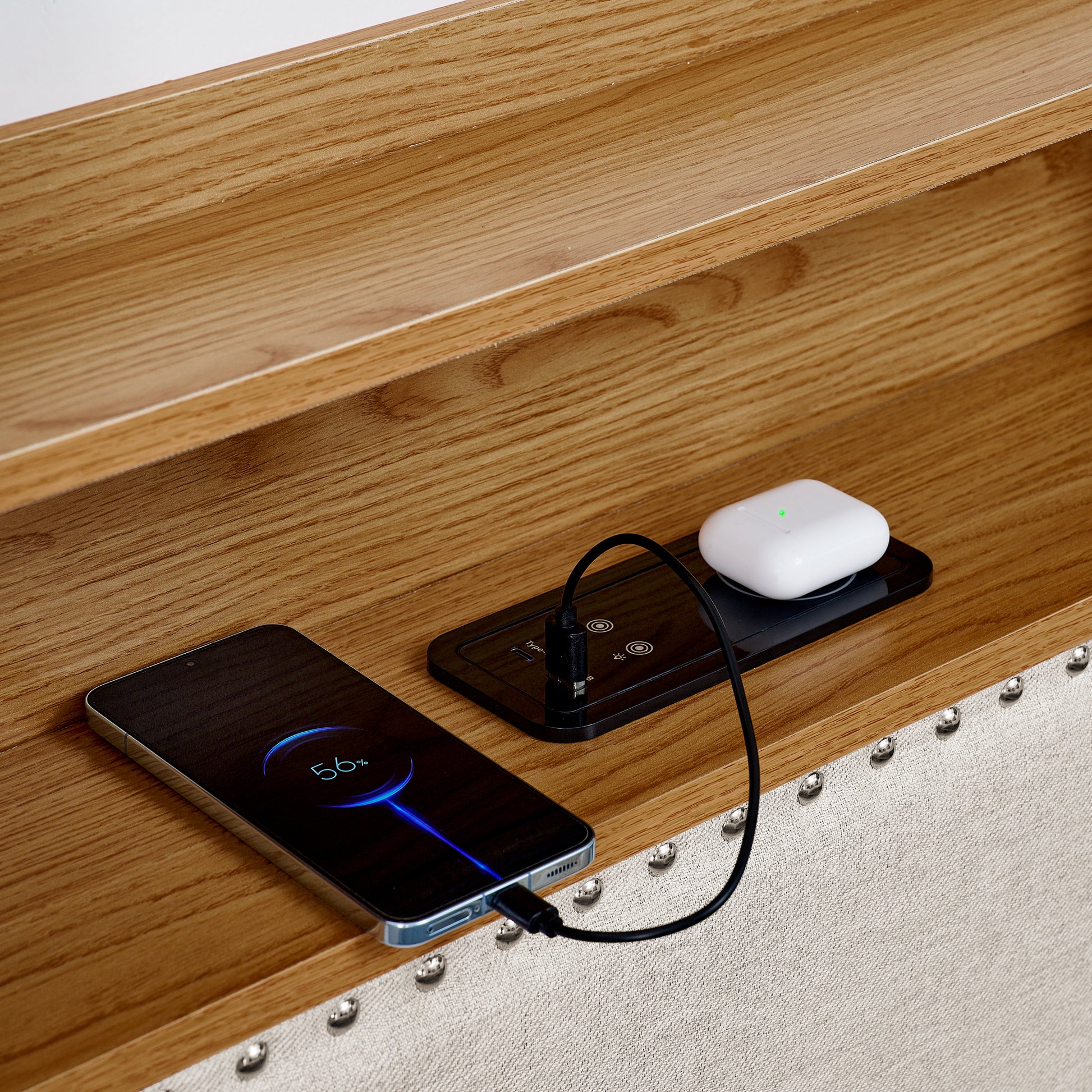 Twin Size Upholstery Sofa Bed With Three Led Lights, With Storage Adjustable Headboard, With Foldable Leg Pull Up Trundle Bed And Wireless Charging, Linen Padded Sofa Bed Frame, Beige Box Spring Not Required Twin Beige Composite Bedroom Classic