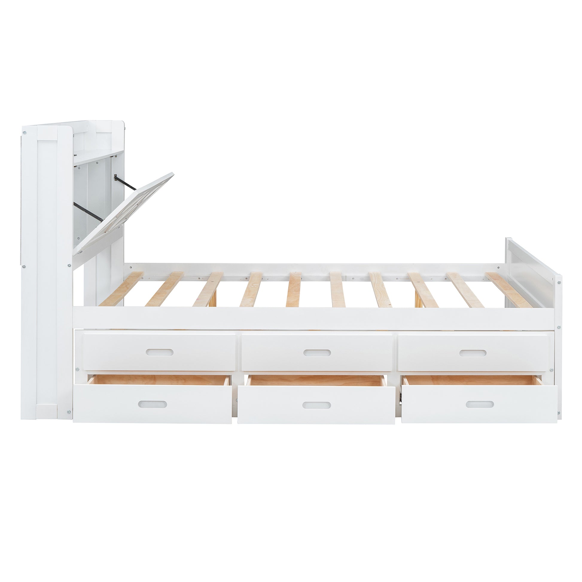 Full Size Wooden Bed With Storage Headboard With Outlets, Extendable Bed With Twin Size Trundle With Three Storage Drawers,White Full White Wood