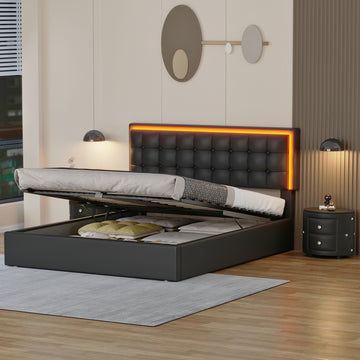 3 Pieces Bedroom Sets,Queen Size Upholstered Bed With Led Lights,Hydraulic Storage System, Two Nightstands With Crystal Decoration,Black Queen Black 3 Piece Set Wood