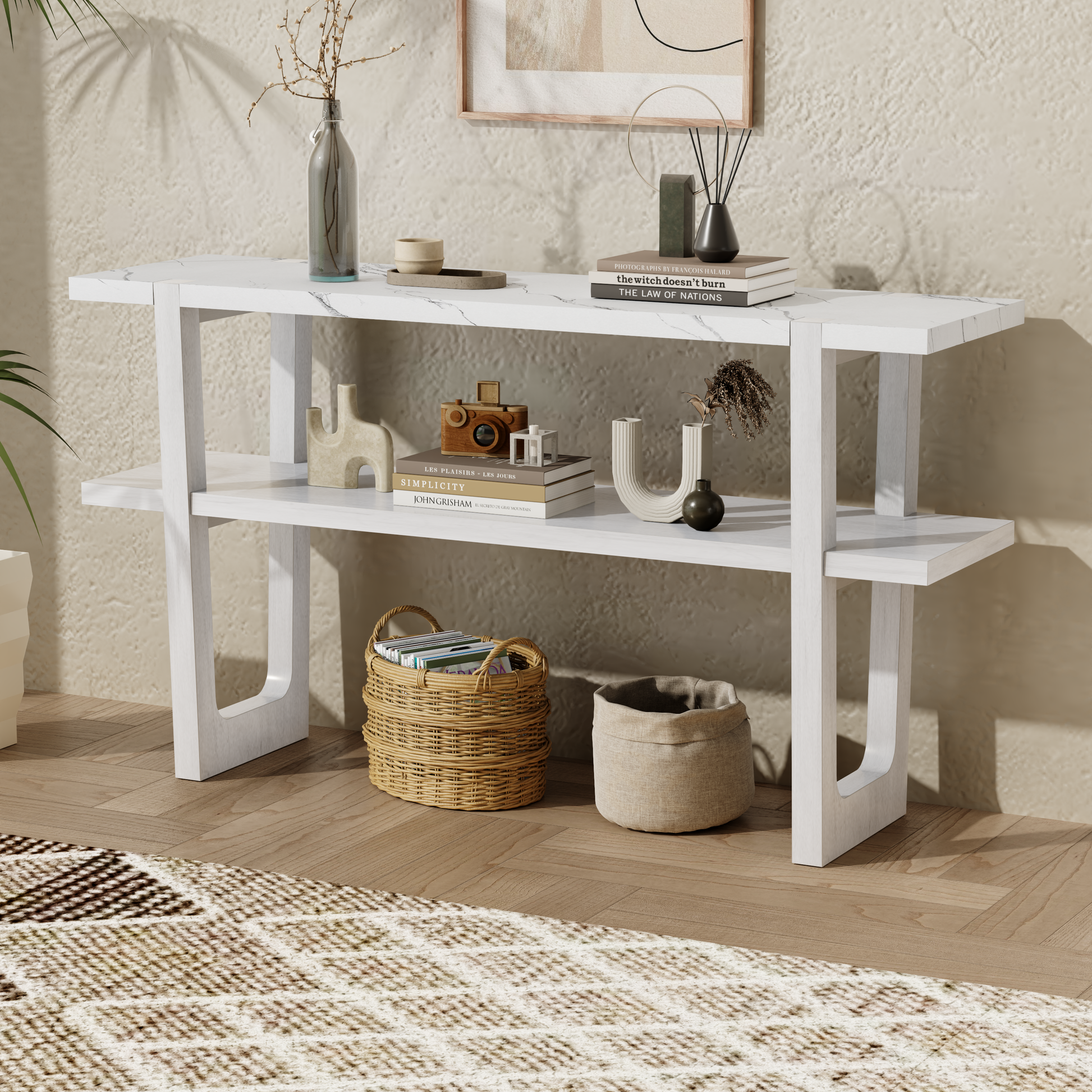 Retro Elegant Console Table With Marble Effect Top And Versatile Storage Solutions For Entryway And Living Room Antique White Antique White Solid Wood Mdf
