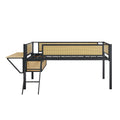 Single Metal Loft Bed With Rectangular Desk, Led Lights, Led Loft Bed Frame Double Bed With Storage Shelves And Hanging Storage Compartments, Safety Guard And Ladder, No Box Springs Required, Rattan G Twin Black Natural Mdf Iron