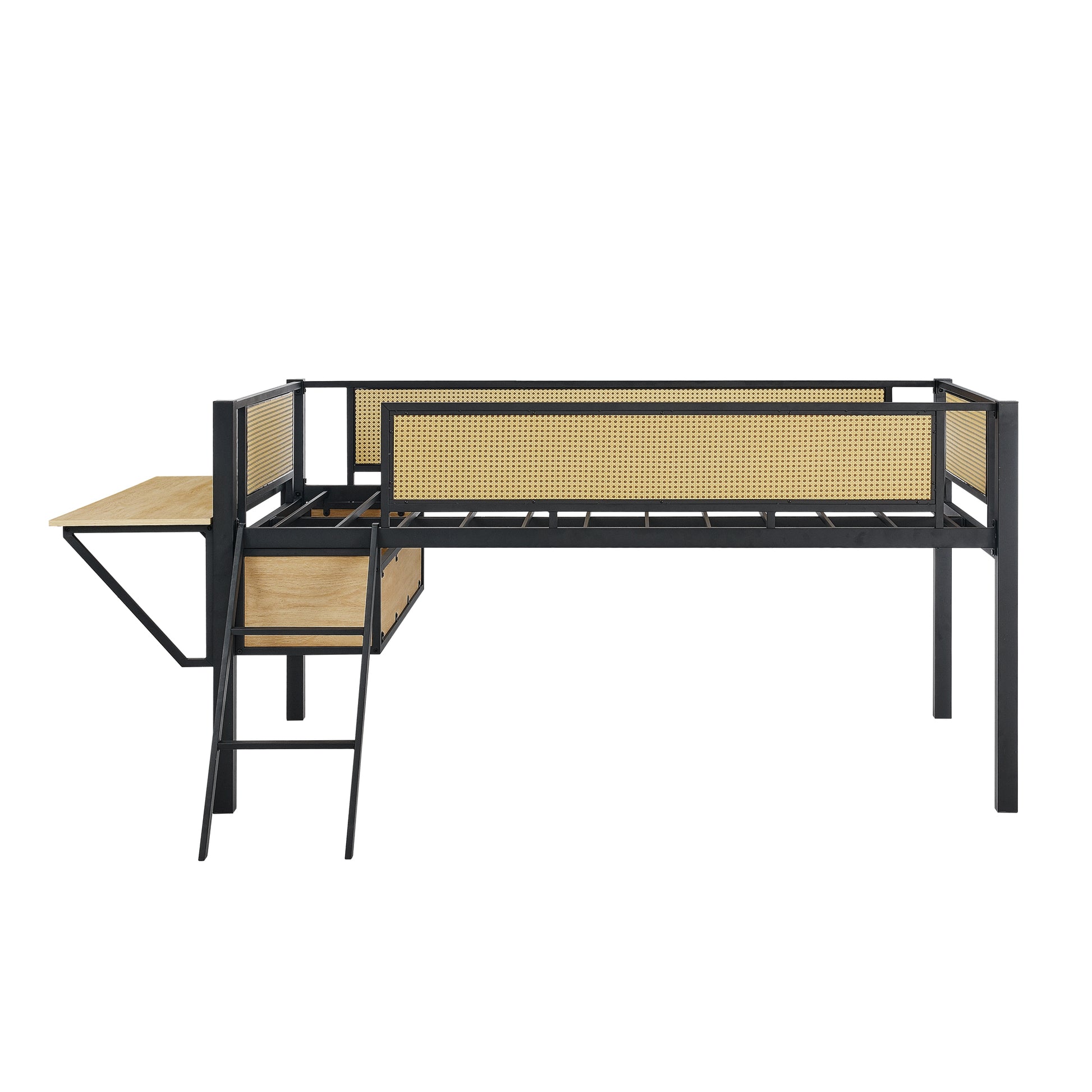 Single Metal Loft Bed With Rectangular Desk, Led Lights, Led Loft Bed Frame Double Bed With Storage Shelves And Hanging Storage Compartments, Safety Guard And Ladder, No Box Springs Required, Rattan G Twin Black Natural Mdf Iron