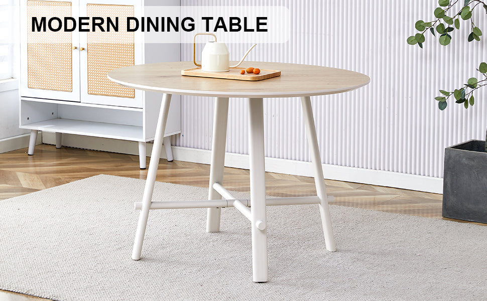 A Modern And Minimalist Circular Dining Table With A 42 Inch Diameter Wood Colorer Patterned Tabletop And White Metal Legs. Suitable For Restaurants, Living Rooms, And Conference Rooms. Brown White Mdf Metal