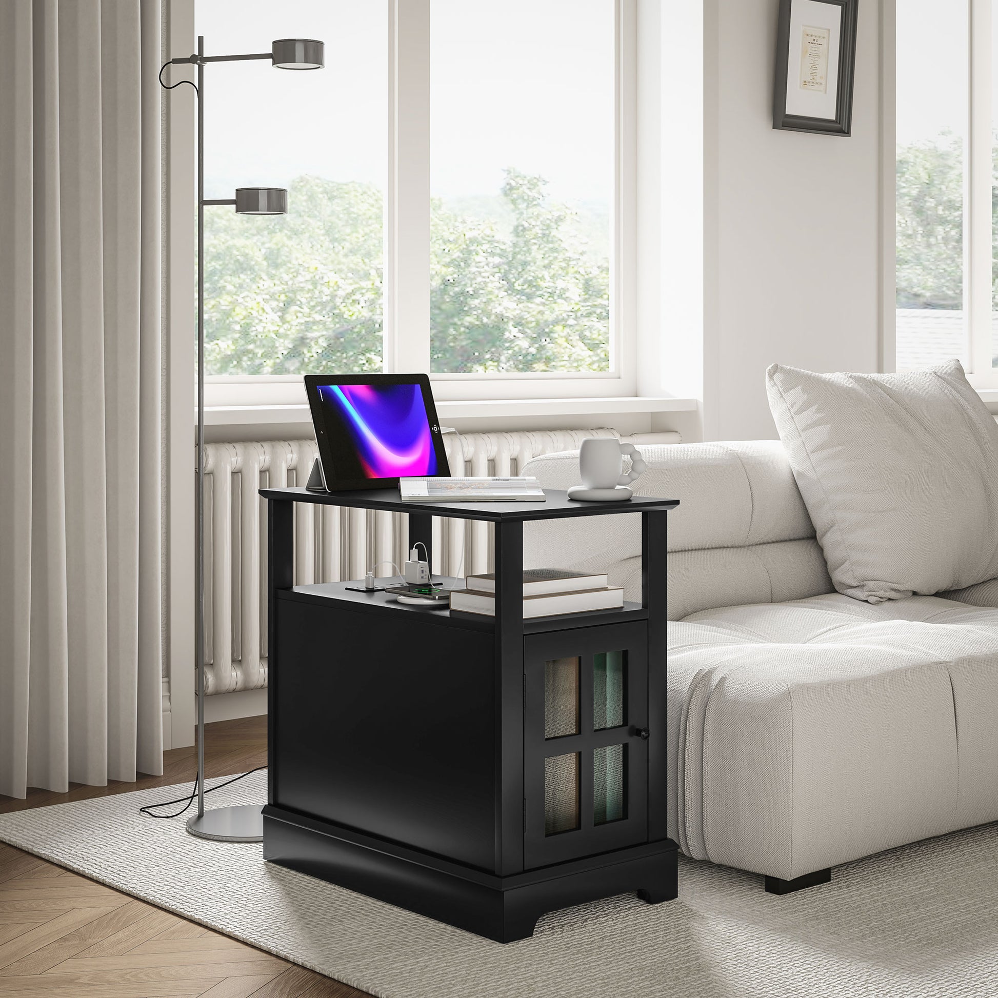 Homcom End Table With Charging Station, Narrow Side Table With Usb Ports And Outlets, Small Table With Hidden Storage And Open Shelf For Living Room, Black Black Mdf