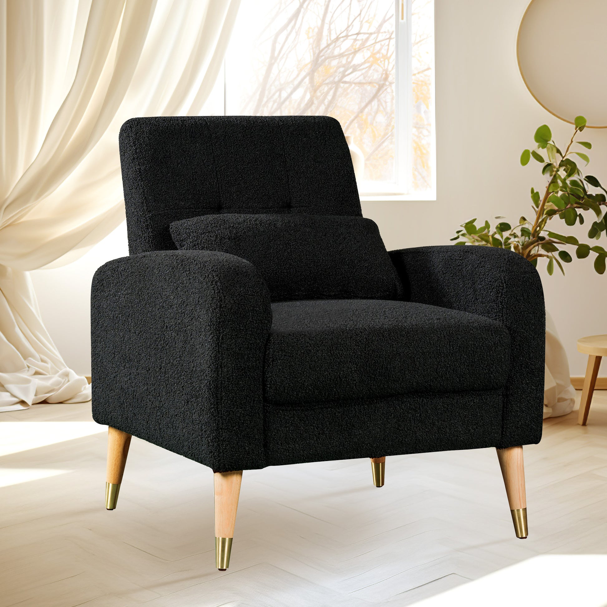 Mid Century Modern Accent Chair, Upholstered Armchair Living Room Chair, Comfy Single Sofa Chair With Metal Legs, Polyester Fabric Chair For Living Room Bedroom Black Sherpa